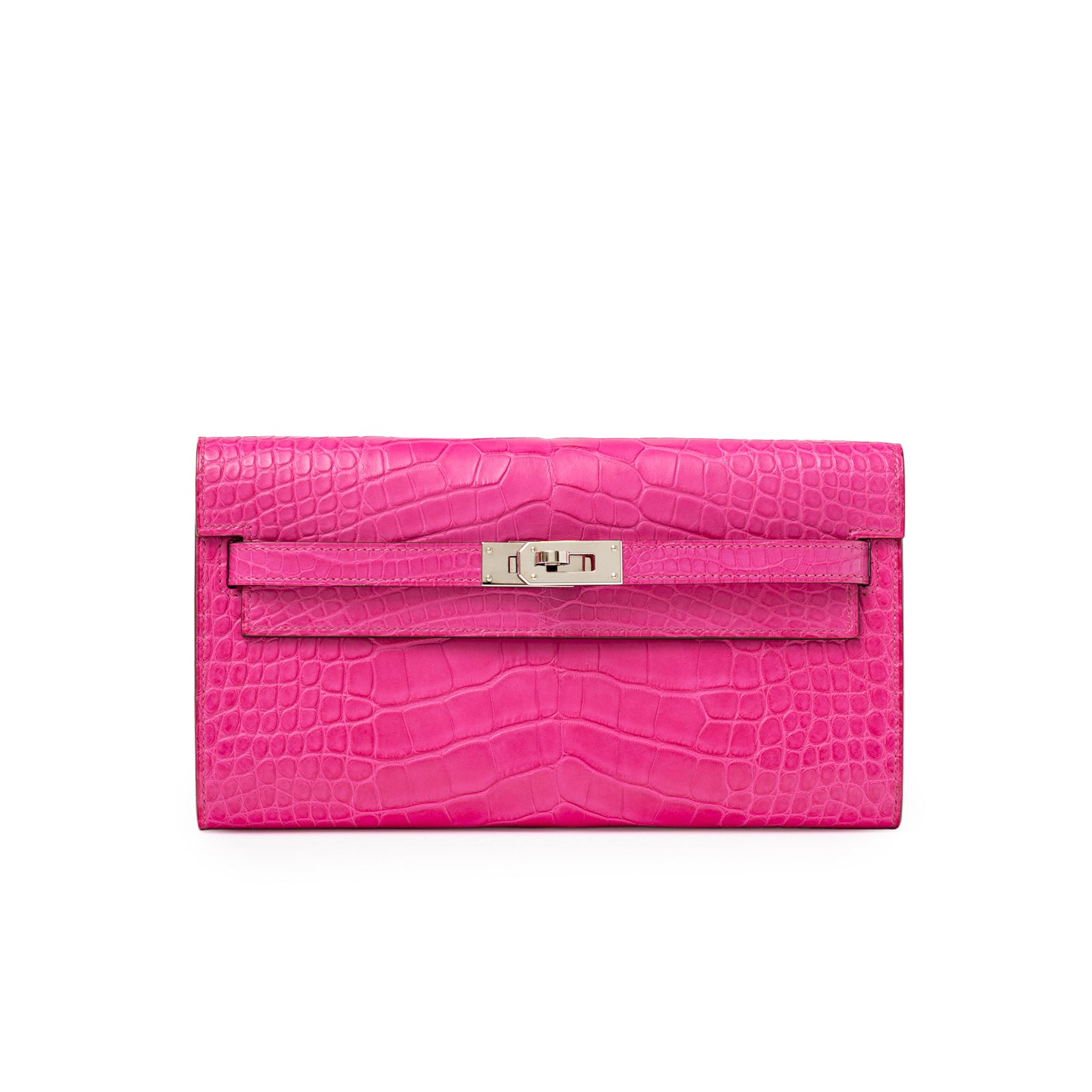 Front view of Hermès Kelly Wallet To Go Rose Shocking Matte Alligator Palladium Hardware with silver clasp detail