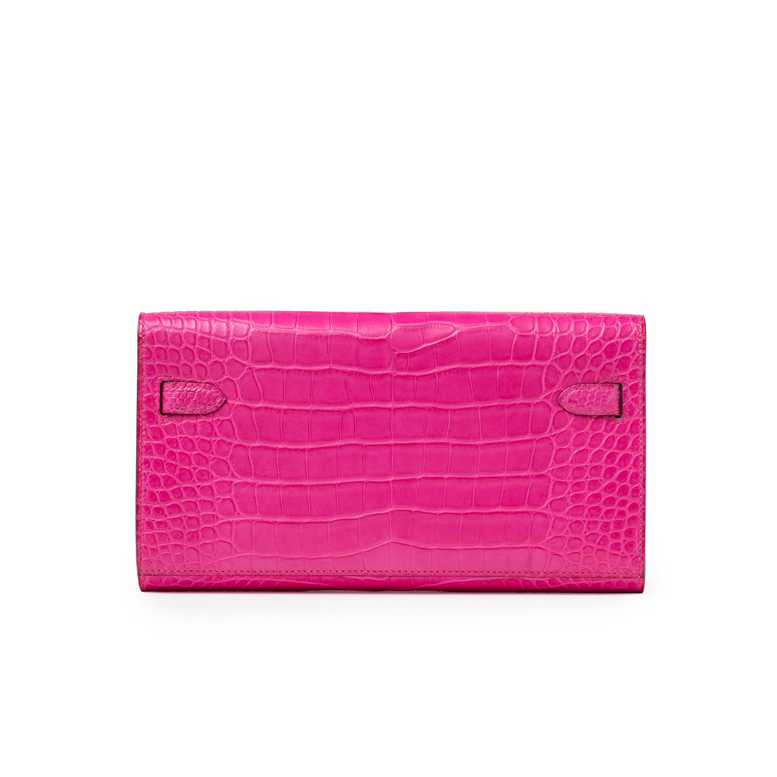 Back view of Hermès Kelly Wallet To Go Rose Shocking Matte Alligator Palladium Hardware showing alligator texture