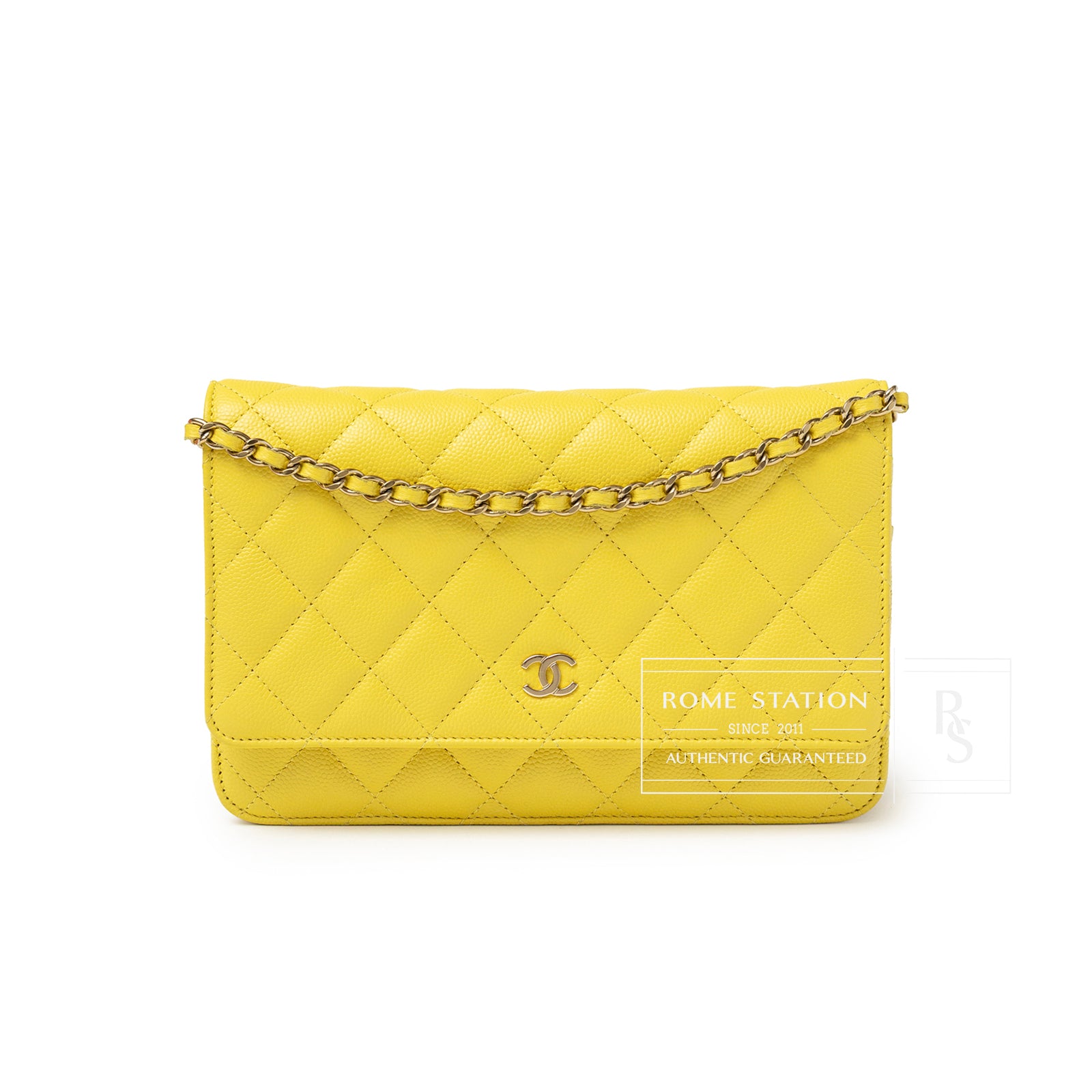 Front view of Chanel Wallet On Chain Yellow Caviar Palladium Hardware with quilted texture and chain strap detail