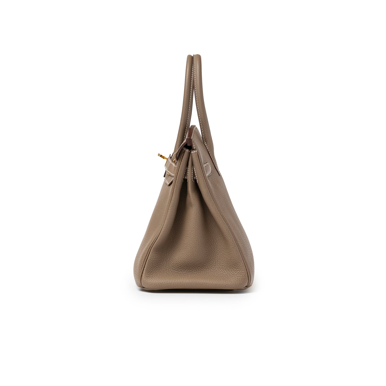 Side view of Hermès Birkin 30 Etoupe Togo Gold Hardware showing leather texture and handle detail