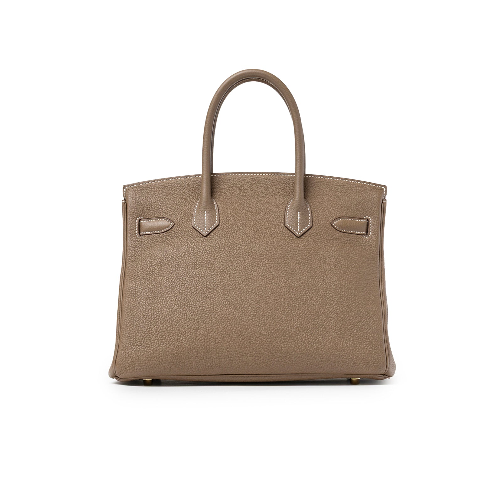 Back view of Hermès Birkin 30 Etoupe Togo Gold Hardware showing textured leather and top handles