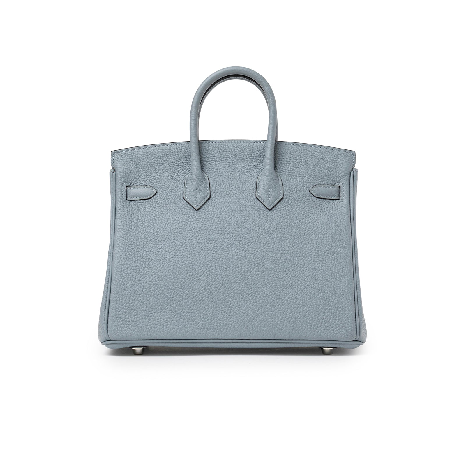 Back view of Hermès Birkin 25 Blue Lin Verso Beige De Weimar Togo Palladium Hardware bag showing smooth textured leather handles
