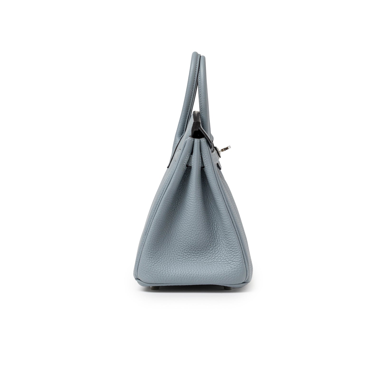 Side view of Hermès Birkin 25 Blue Lin Verso Beige De Weimar Togo Palladium Hardware handbag showing textured leather