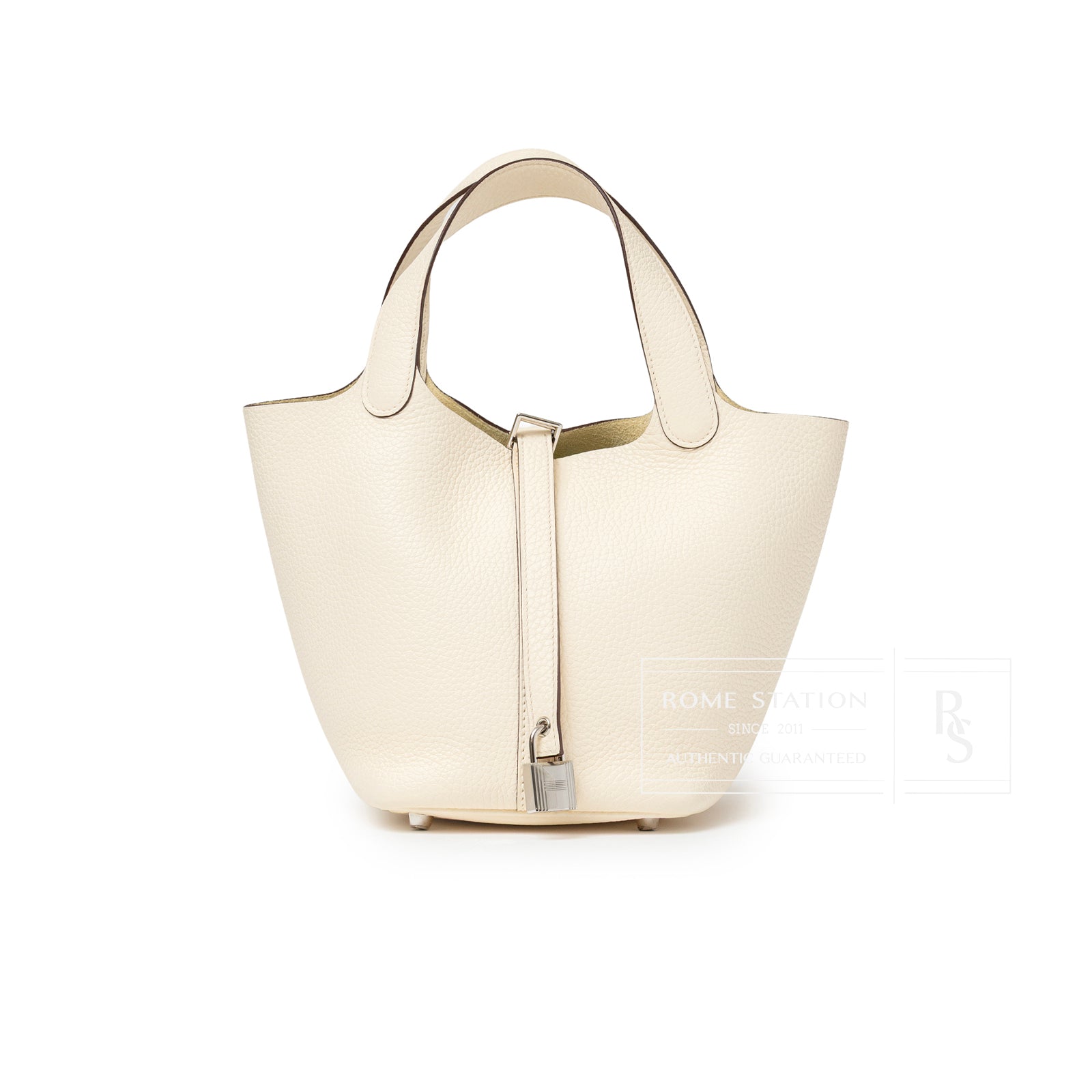 Front angled view of Hermès Picotin 18 Nata Clemence Palladium Hardware in cream with lock detail