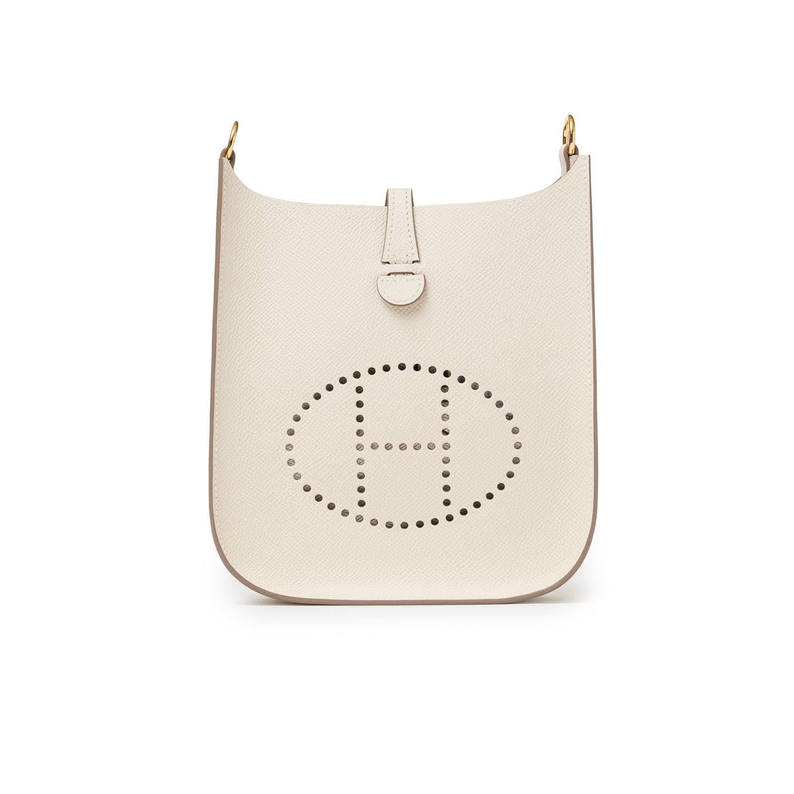 Front view of Hermès Mini Evelyne Sellier Craie Epsom Gold Hardware with signature perforated H logo