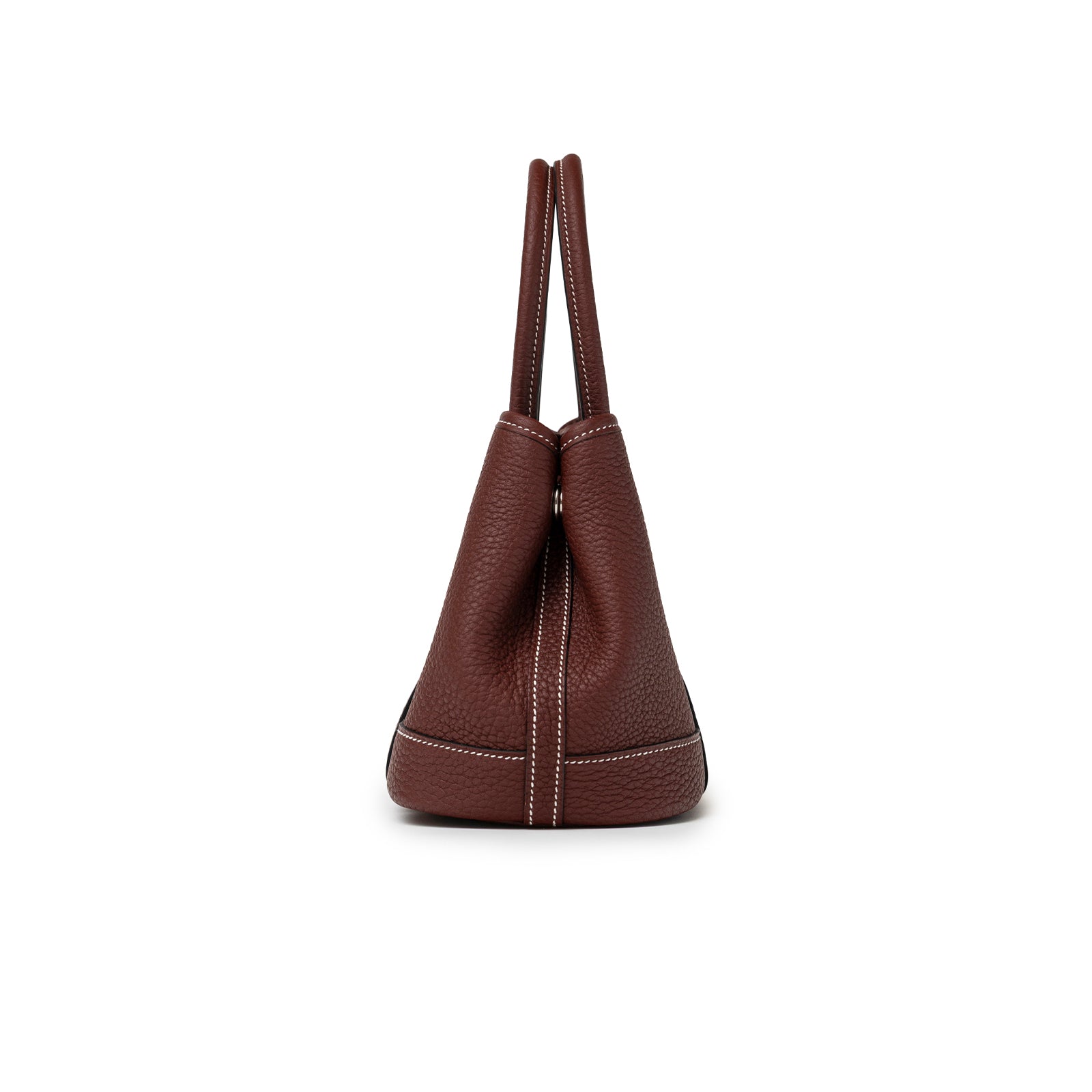 Side profile of Hermès Mini Garden Party Neo 23 Rouge H Negonda Palladium Hardware showing textured leather and stitching detail