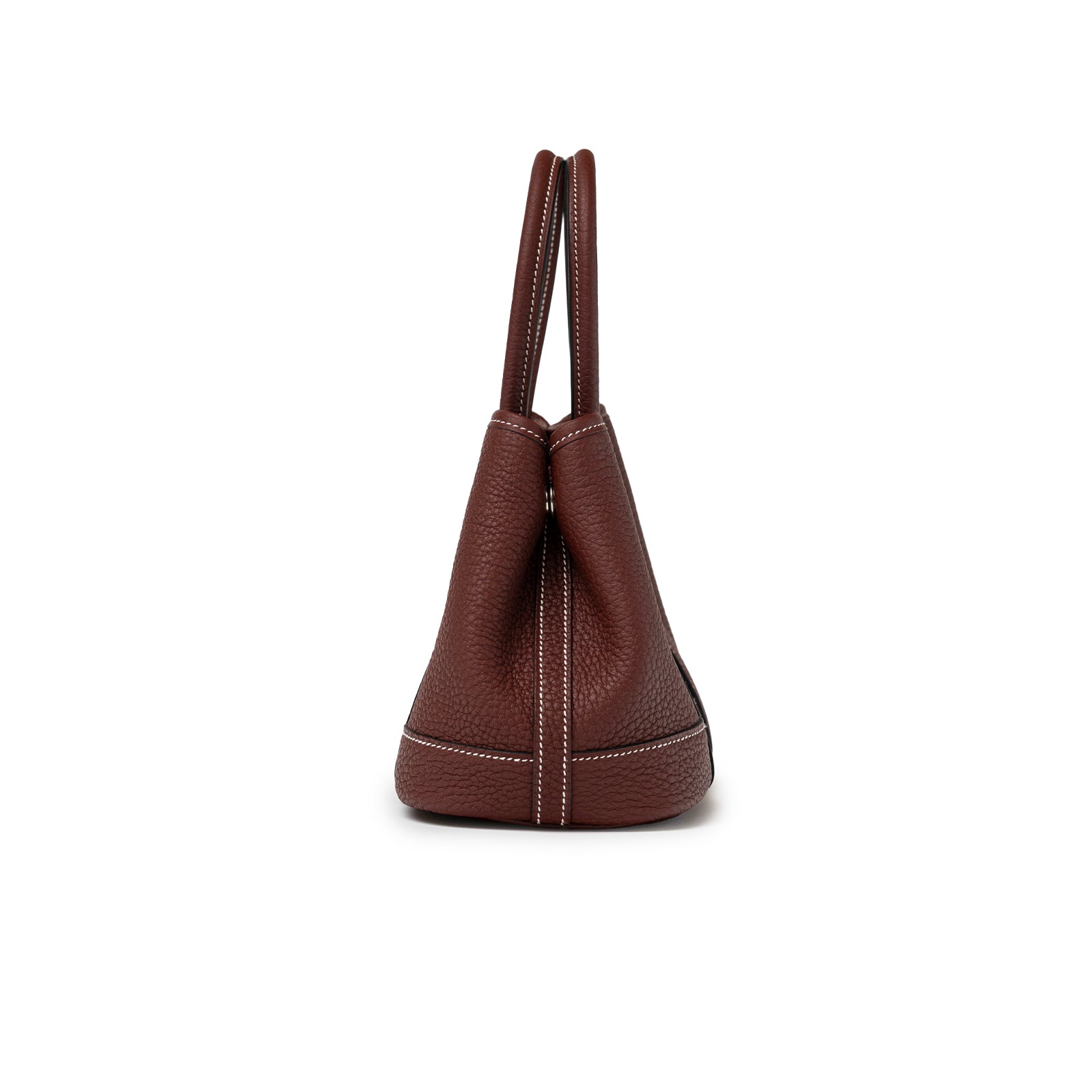 Side view of Hermès Mini Garden Party Neo 23 Rouge H Negonda Palladium Hardware showing handle and stitching detail