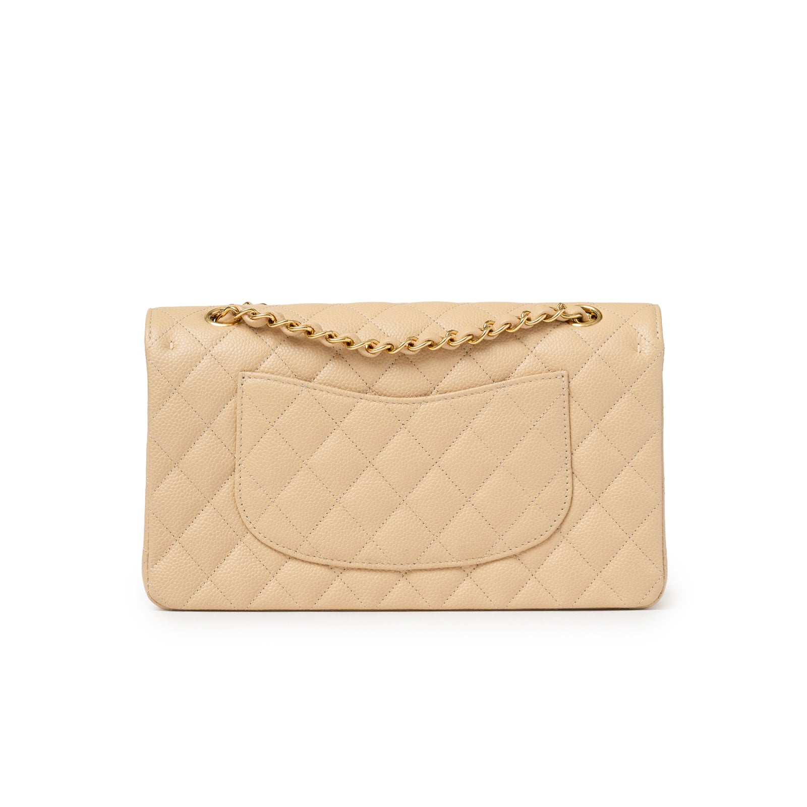 Back view of Chanel Classic Flap Medium Caviar Beige Gold Hardware with quilted leather and chain strap details