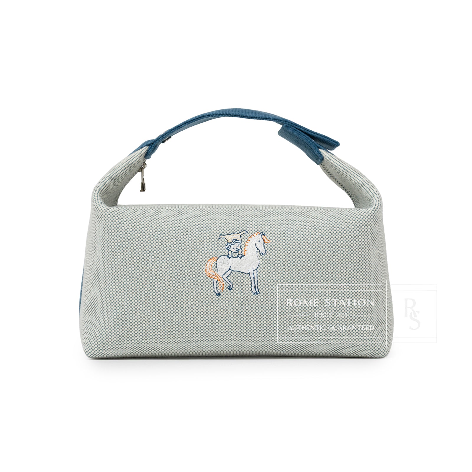 Front view of Hermès Bride-A-Brac Cabriole Case GM Toile Blue Nattier with horse embroidery and blue handle