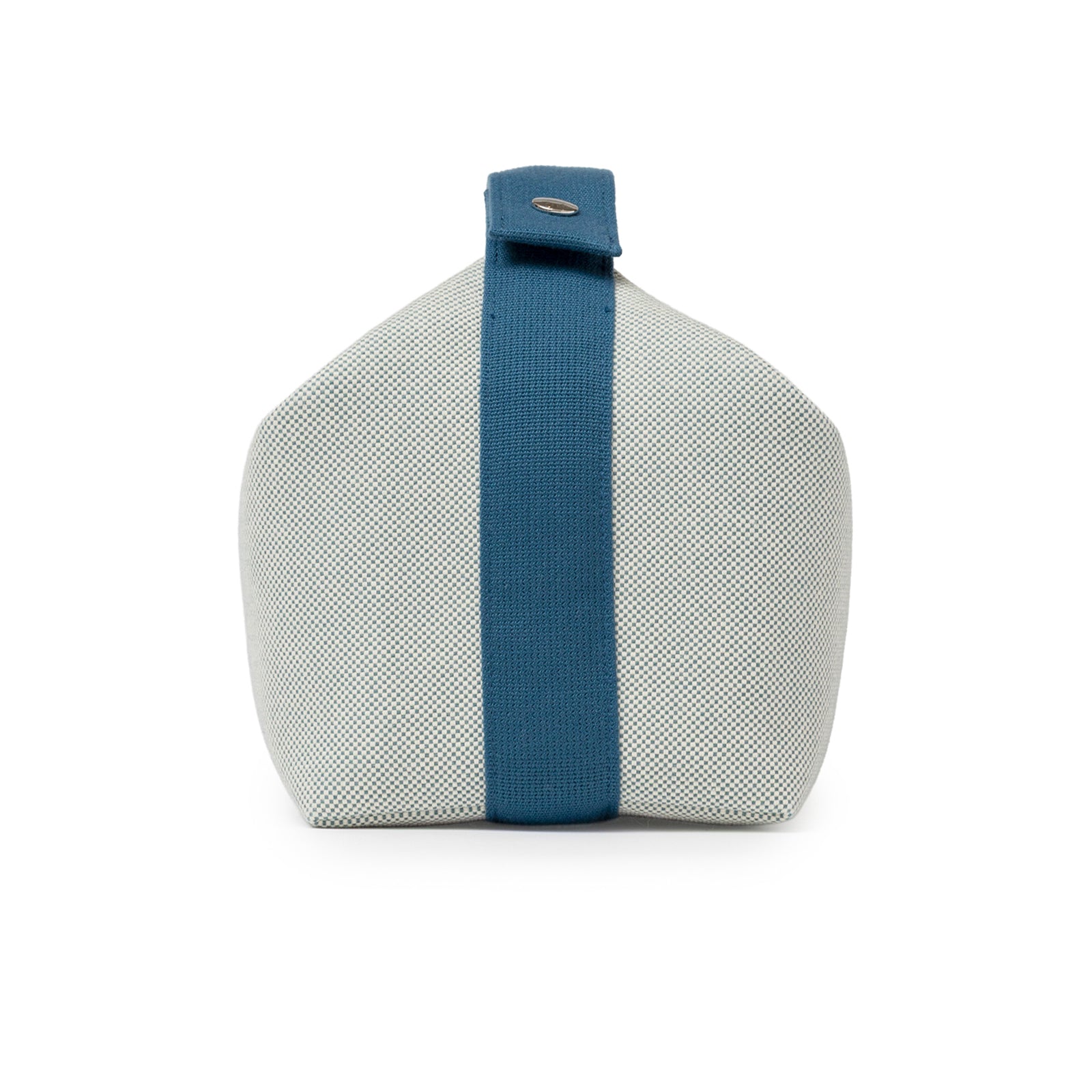 Side view of Hermès Bride-A-Brac Cabriole Case GM Toile Blue Nattier showing fabric texture and blue strap closure