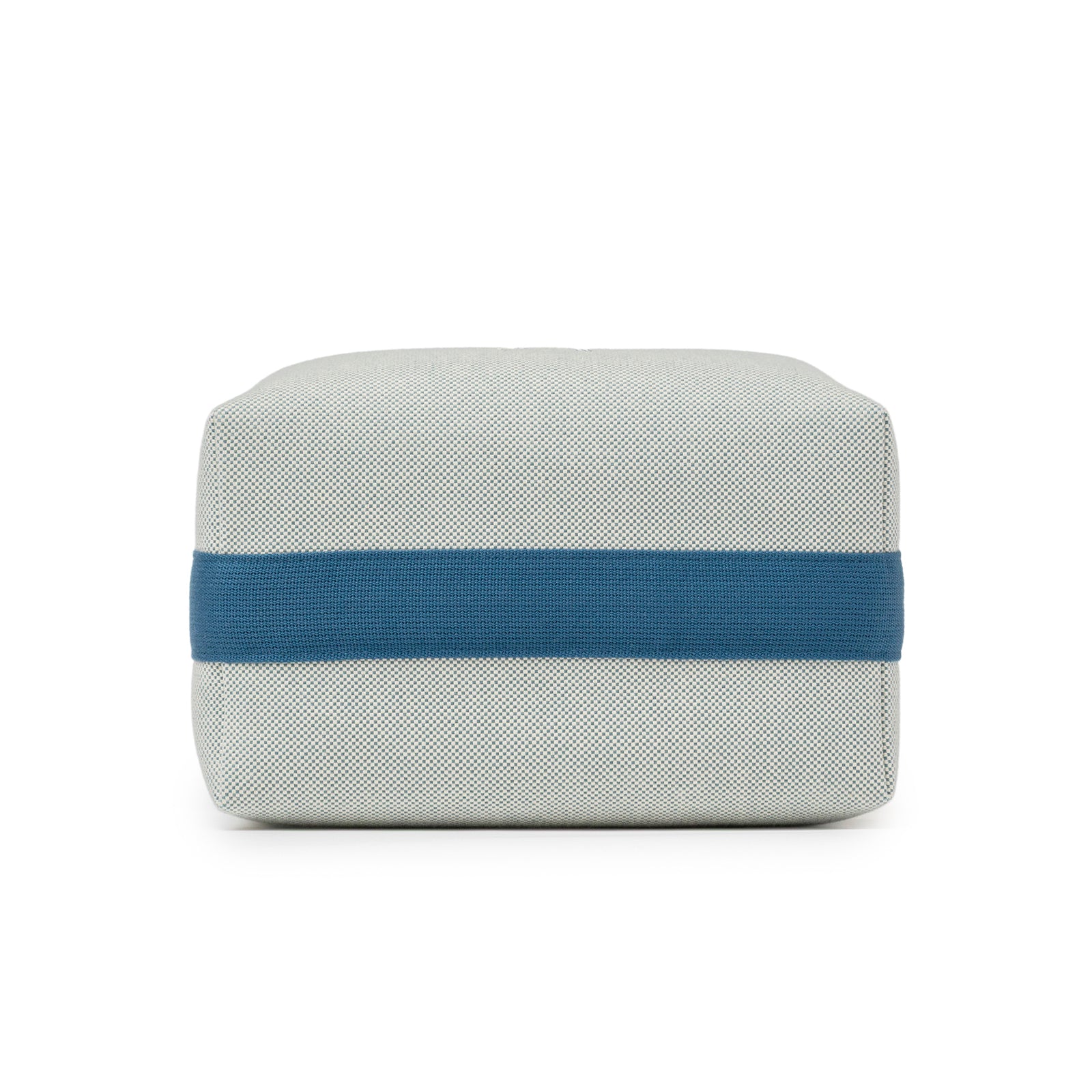 Bottom view of Hermès Bride-A-Brac Cabriole Case GM Toile Blue Nattier showing blue strap detail and textured fabric