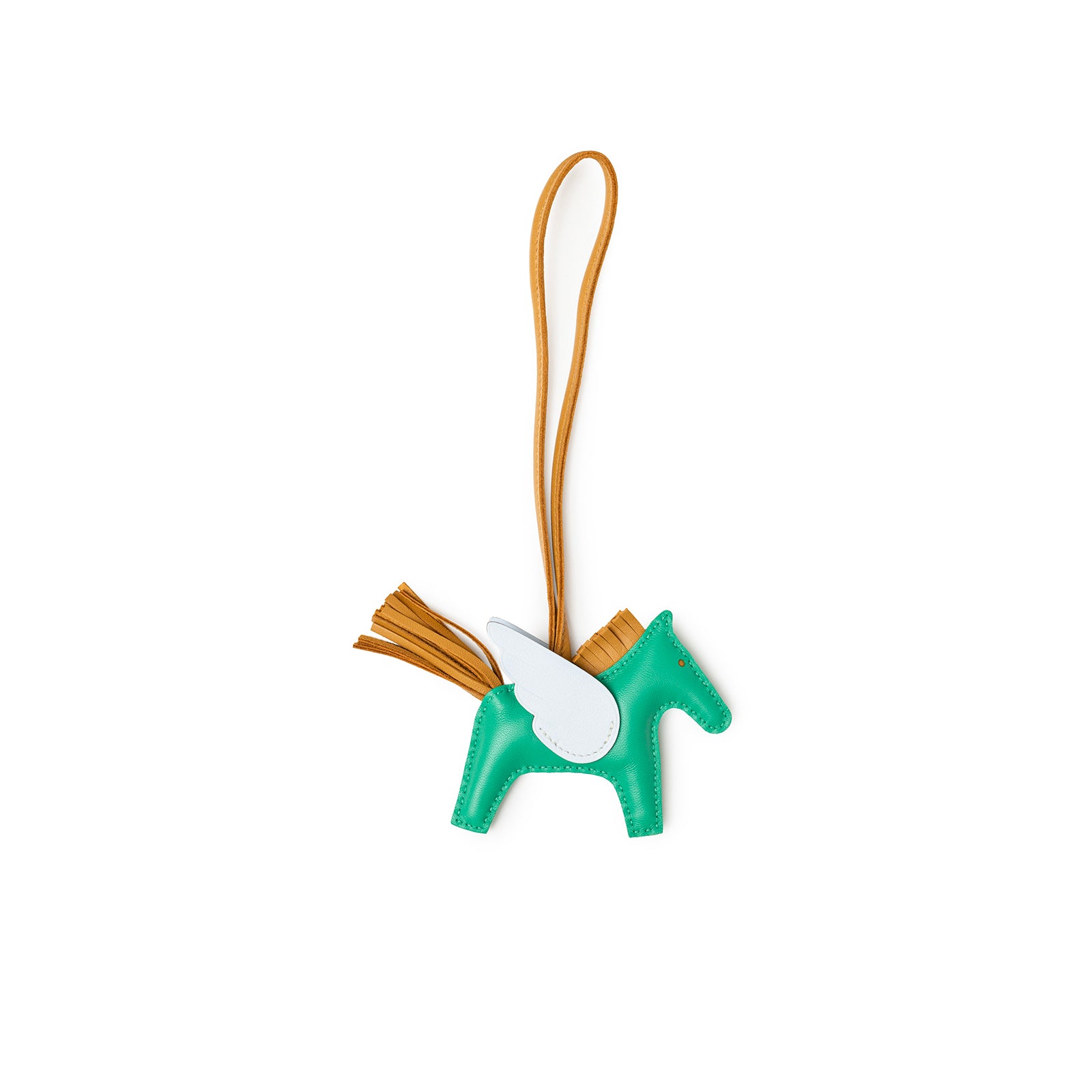 Front view of Hermès Pegase Rodeo Bag Charm PM Menthe/Sesame/Blue Brume Milo Lambskin horse with white wings and leather strap