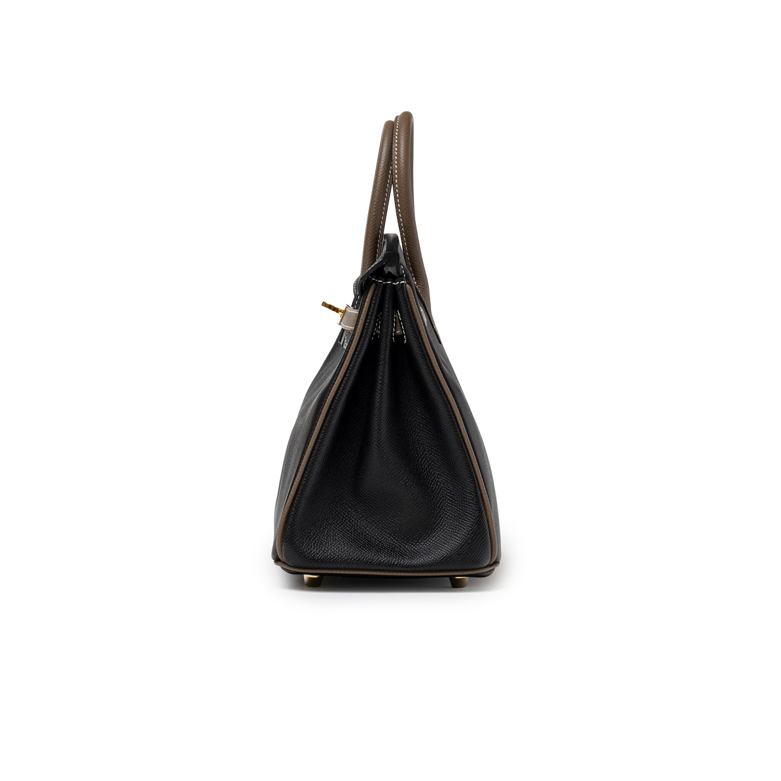 Side view of Hermès Special Order HSS Horseshoe Birkin 25 Black/Etoupe Epsom Gold Hardware handbag