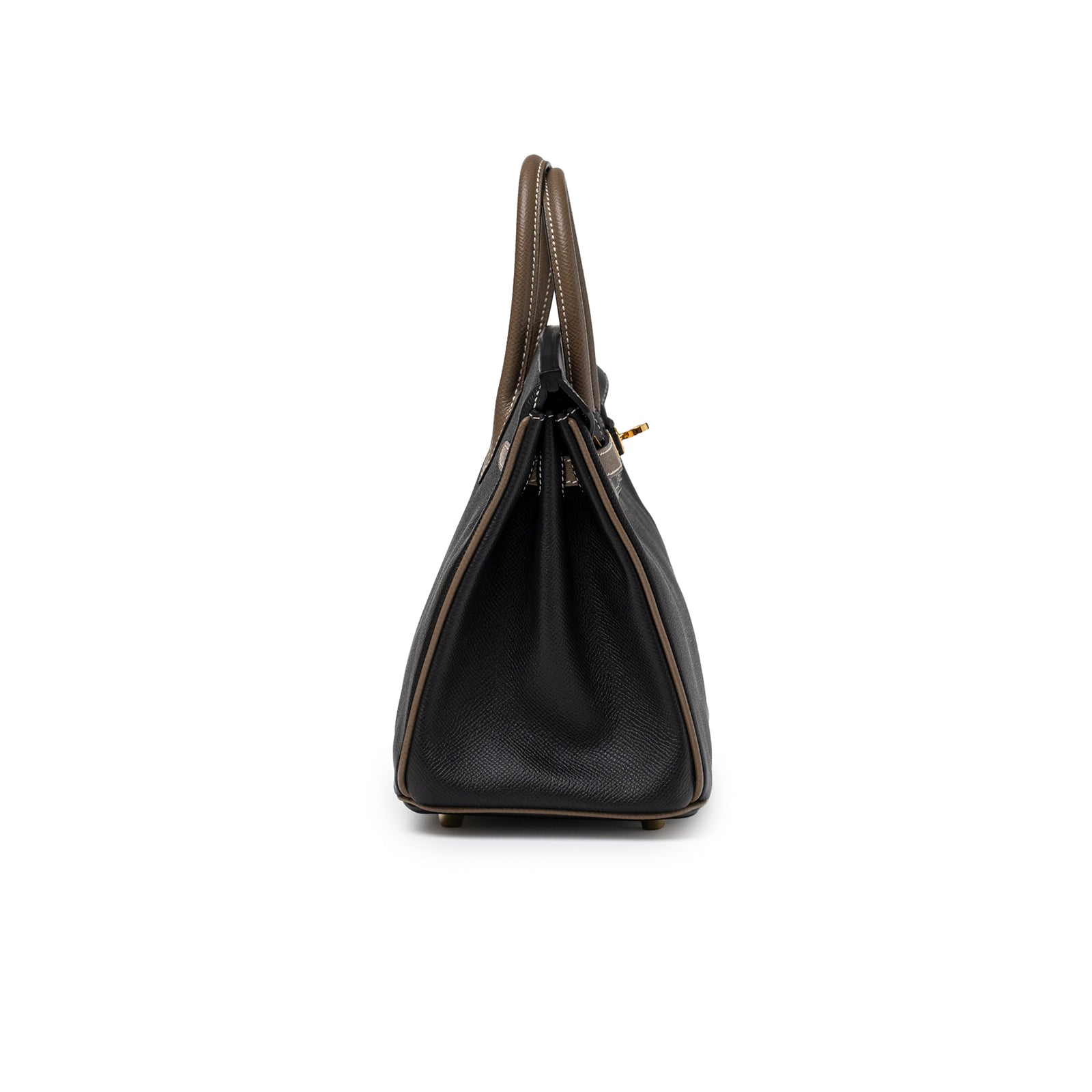 Side view of Hermès Special Order HSS Horseshoe Birkin 25 Black/Etoupe Epsom Gold Hardware handbag
