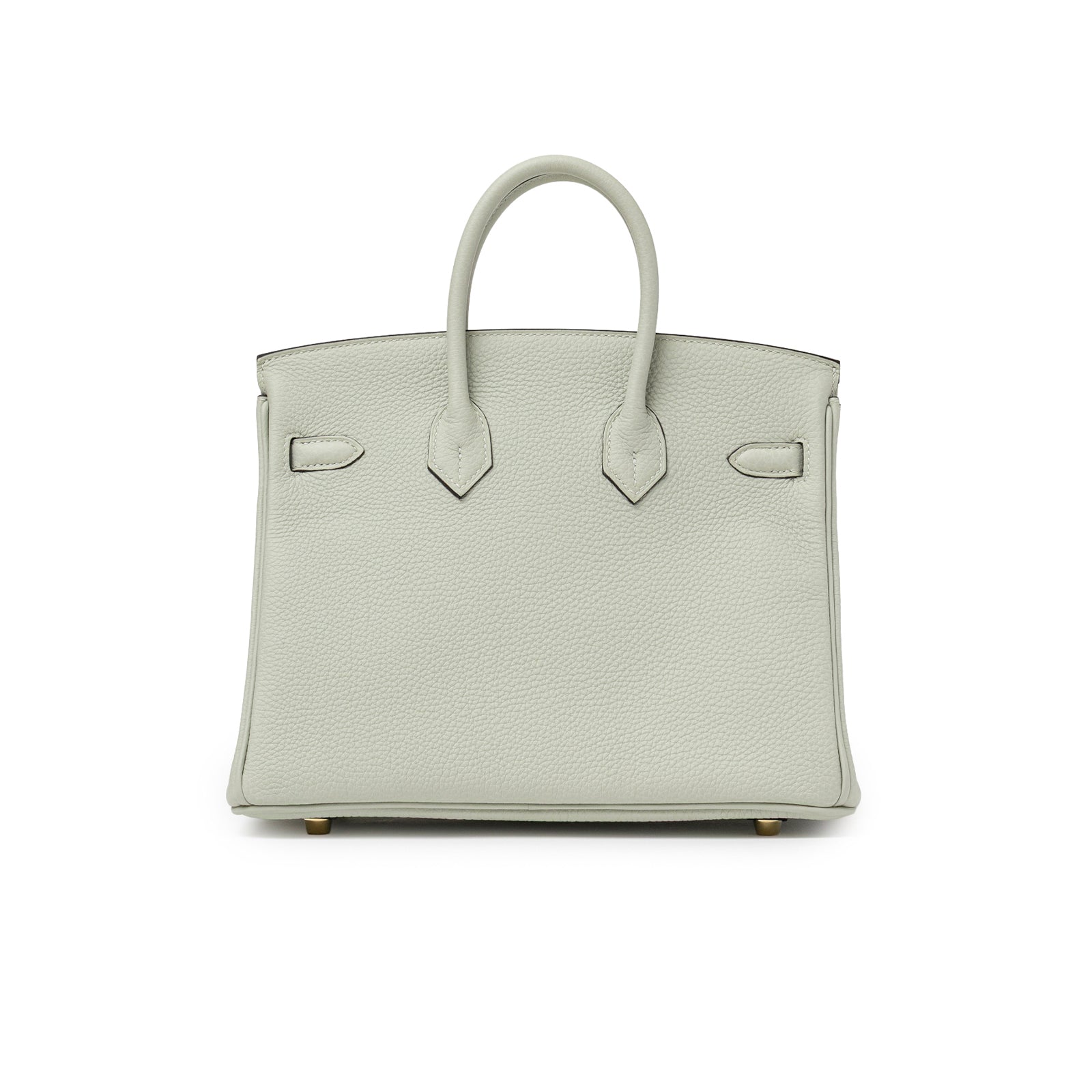 Back view of Hermès Birkin 25 Gris Neve Togo Gold Hardware with smooth leather and structured handles