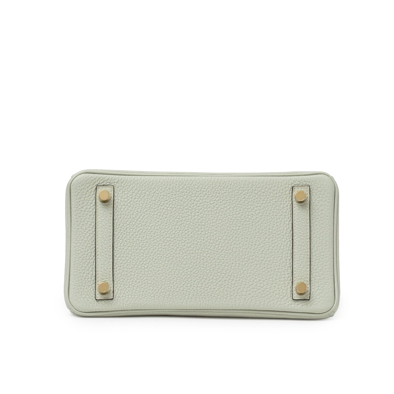 Bottom view of Hermès Birkin 25 Gris Neve Togo Gold Hardware showing textured leather and gold feet detail