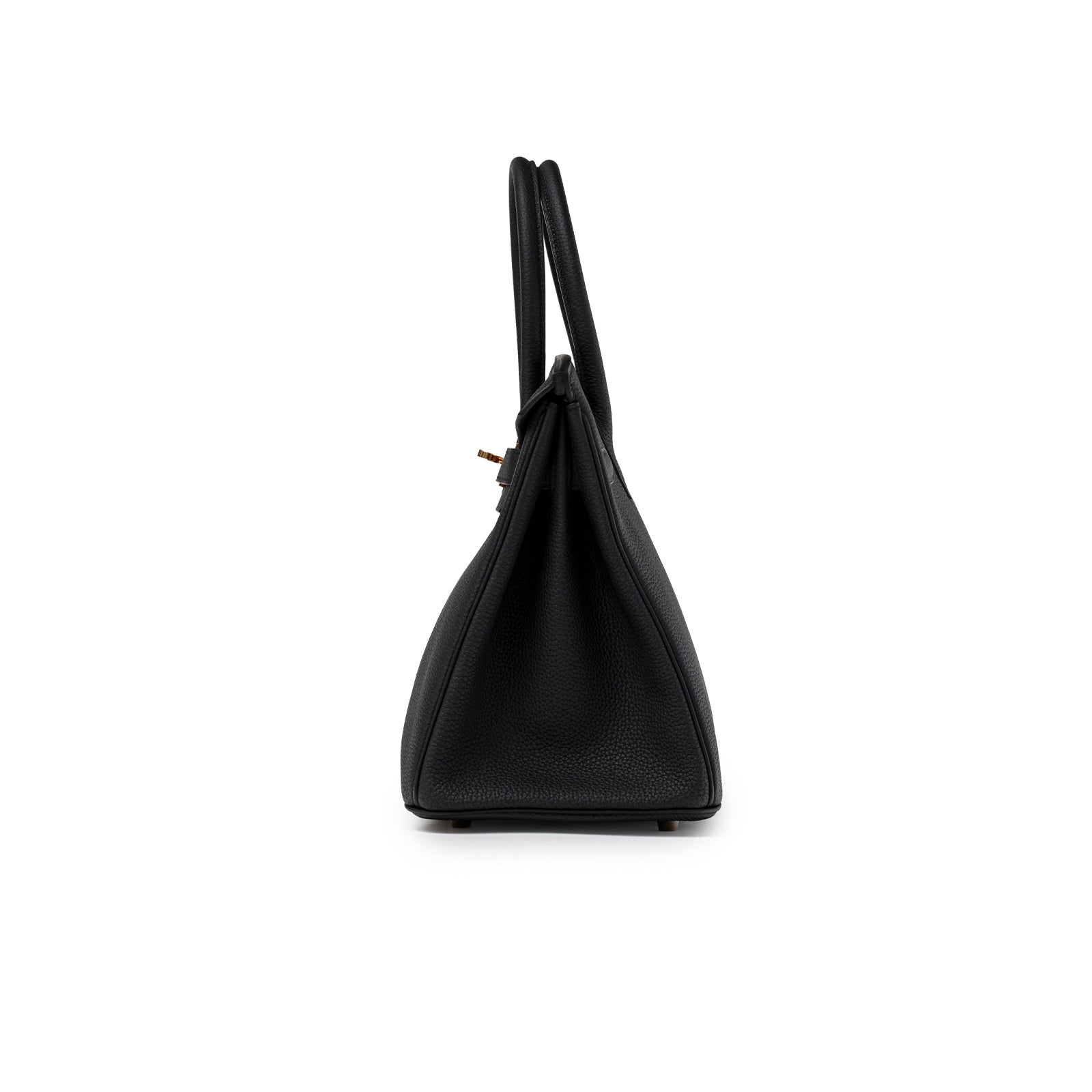 Side view of Hermès Birkin 30 Black Togo Rose Gold Hardware with structured leather and rolled handles