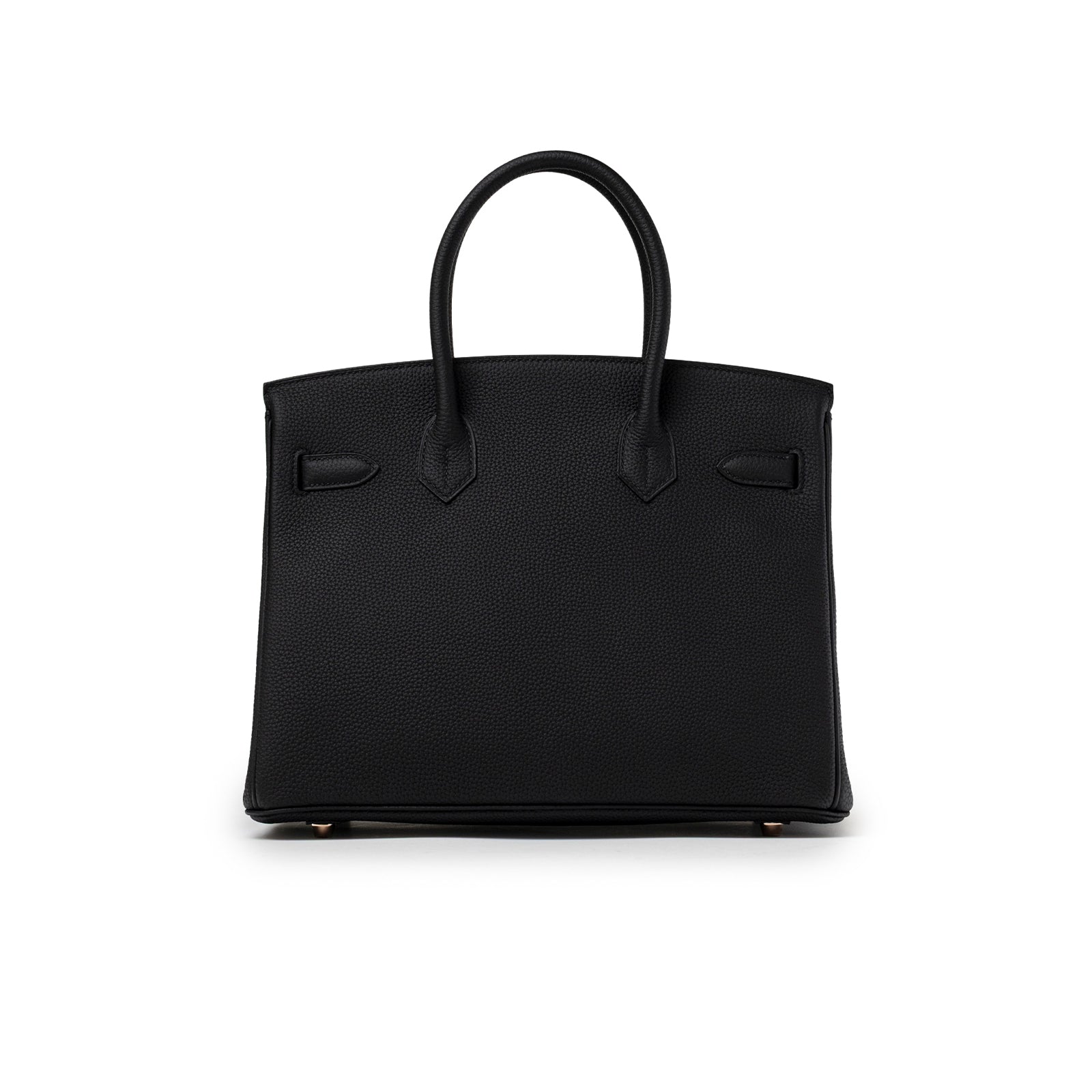 Back view of Hermès Birkin 30 Black Togo Rose Gold Hardware handbag with double top handles on white background