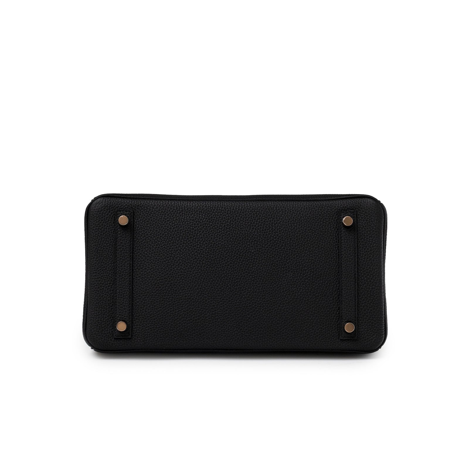 Bottom view of Hermès Birkin 30 Black Togo Rose Gold Hardware showing leather texture and protective feet