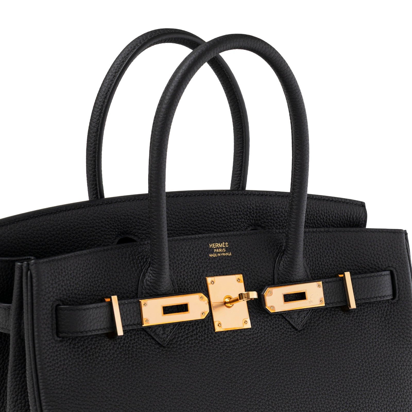 Close-up angled view of Hermès Birkin 30 Black Togo Rose Gold Hardware with handles and lock detail