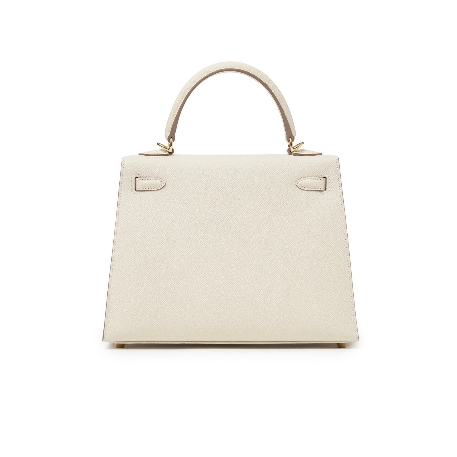 Back view of Hermès Kelly 25 Sellier Epsom Craie Permabrass Hardware handbag with curved handle