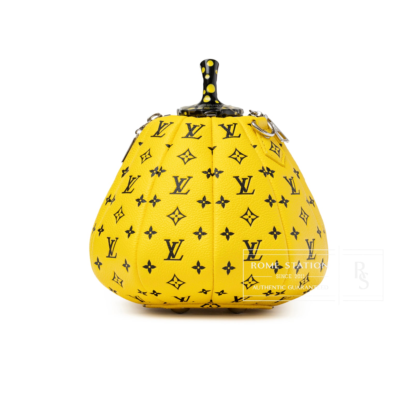 Front angled view of Louis Vuitton X Yayoi Kusama Limited Edition Yellow Black Leather Pumpkin Bag with monogram pattern