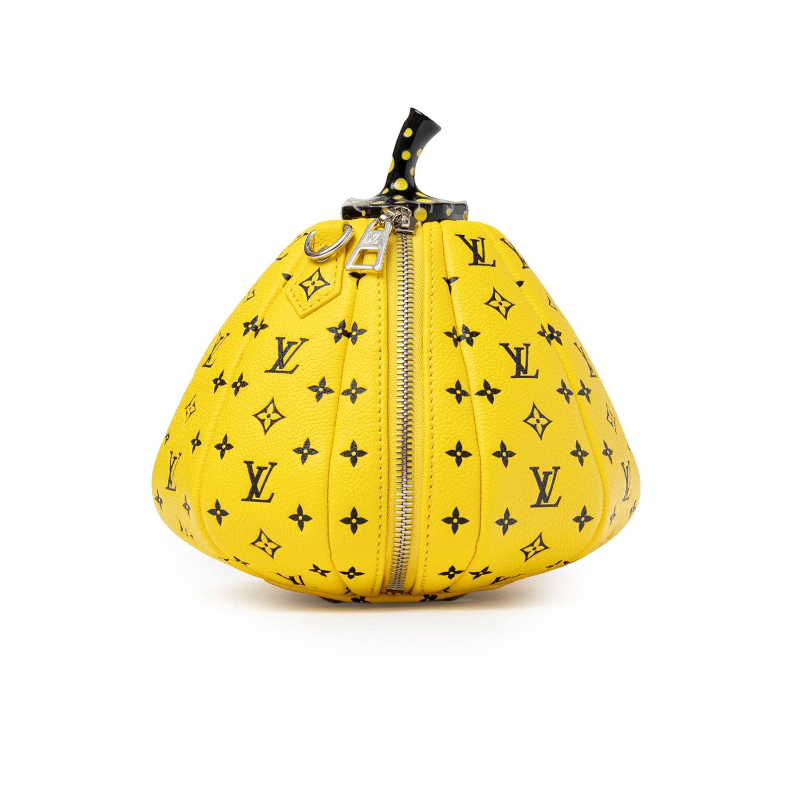 Back angled view of Louis Vuitton X Yayoi Kusama Limited Edition Yellow/Black Leather Pumpkin Bag with zipper details