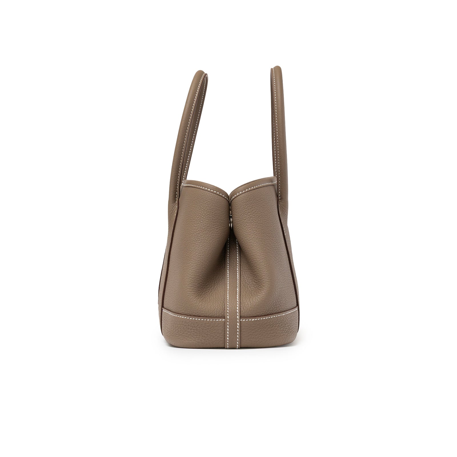 Side view of Hermès Mini Garden Party Neo 23 Etoupe Negonda Palladium Hardware showing pebbled leather texture and handle details