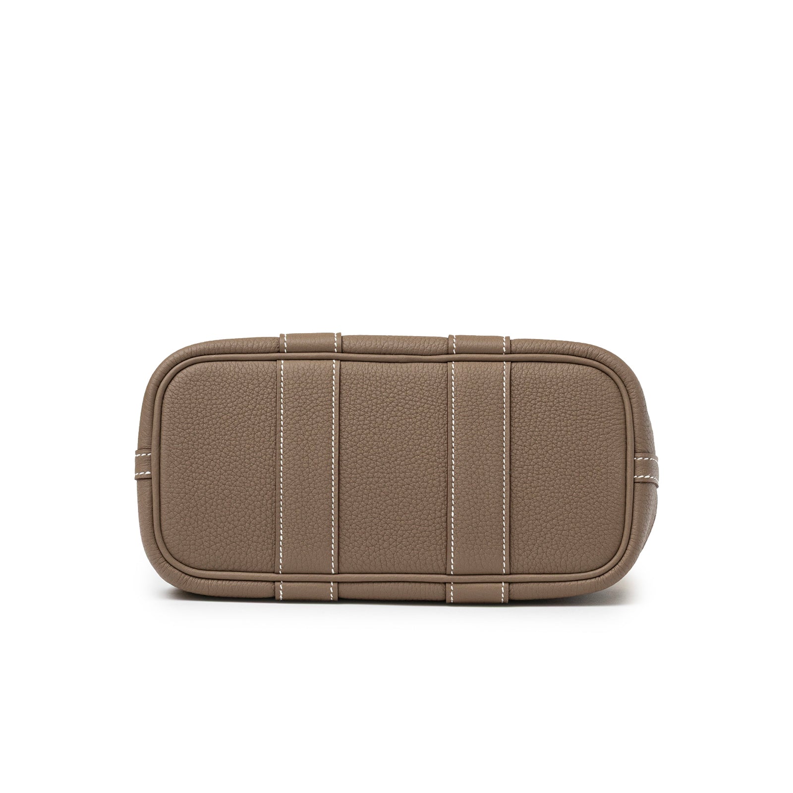 Bottom view of Hermès Mini Garden Party Neo 23 Etoupe Negonda Palladium Hardware with contrast stitching