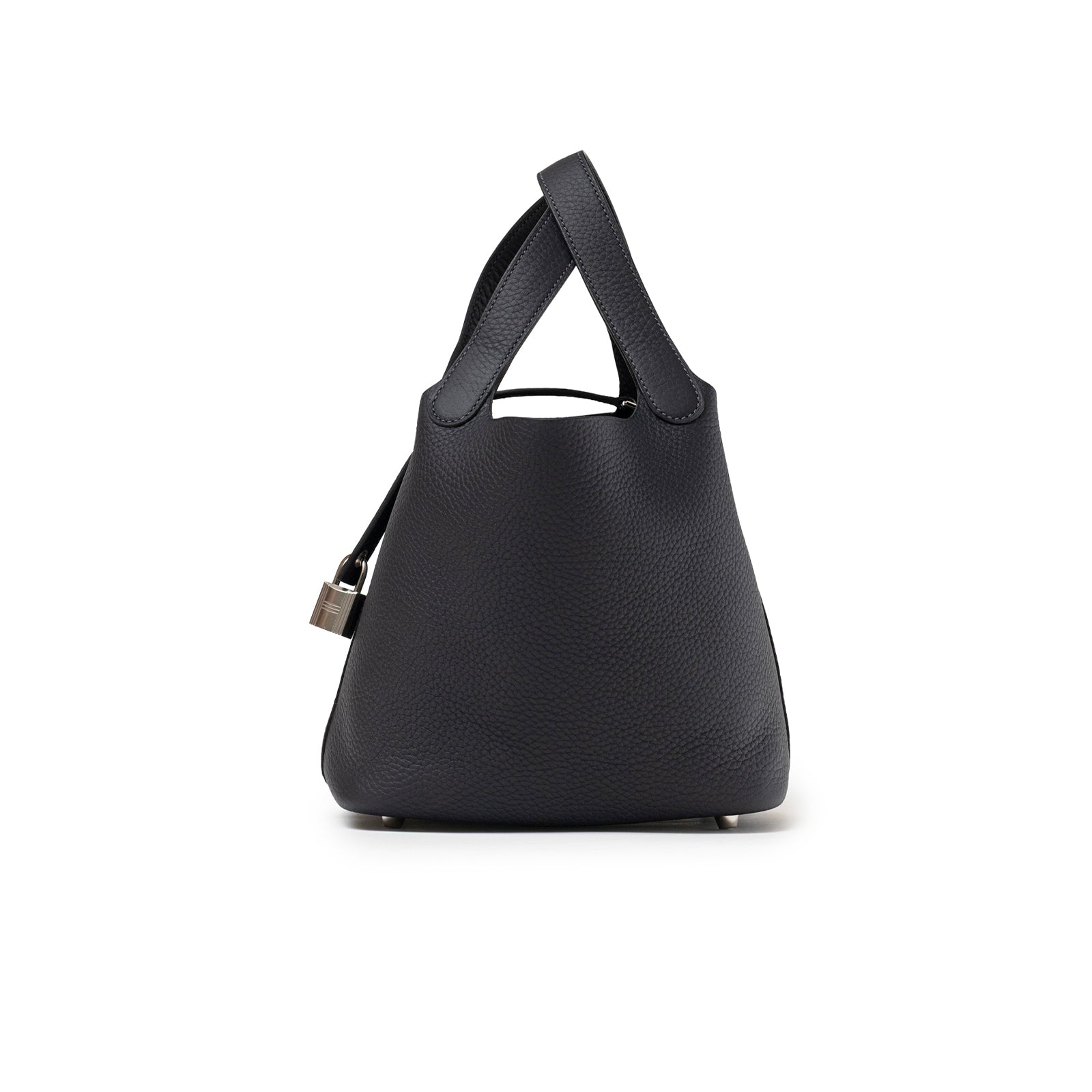 Side view of Hermès Picotin 18 Plomb Clemence leather tote with palladium hardware and lock detail