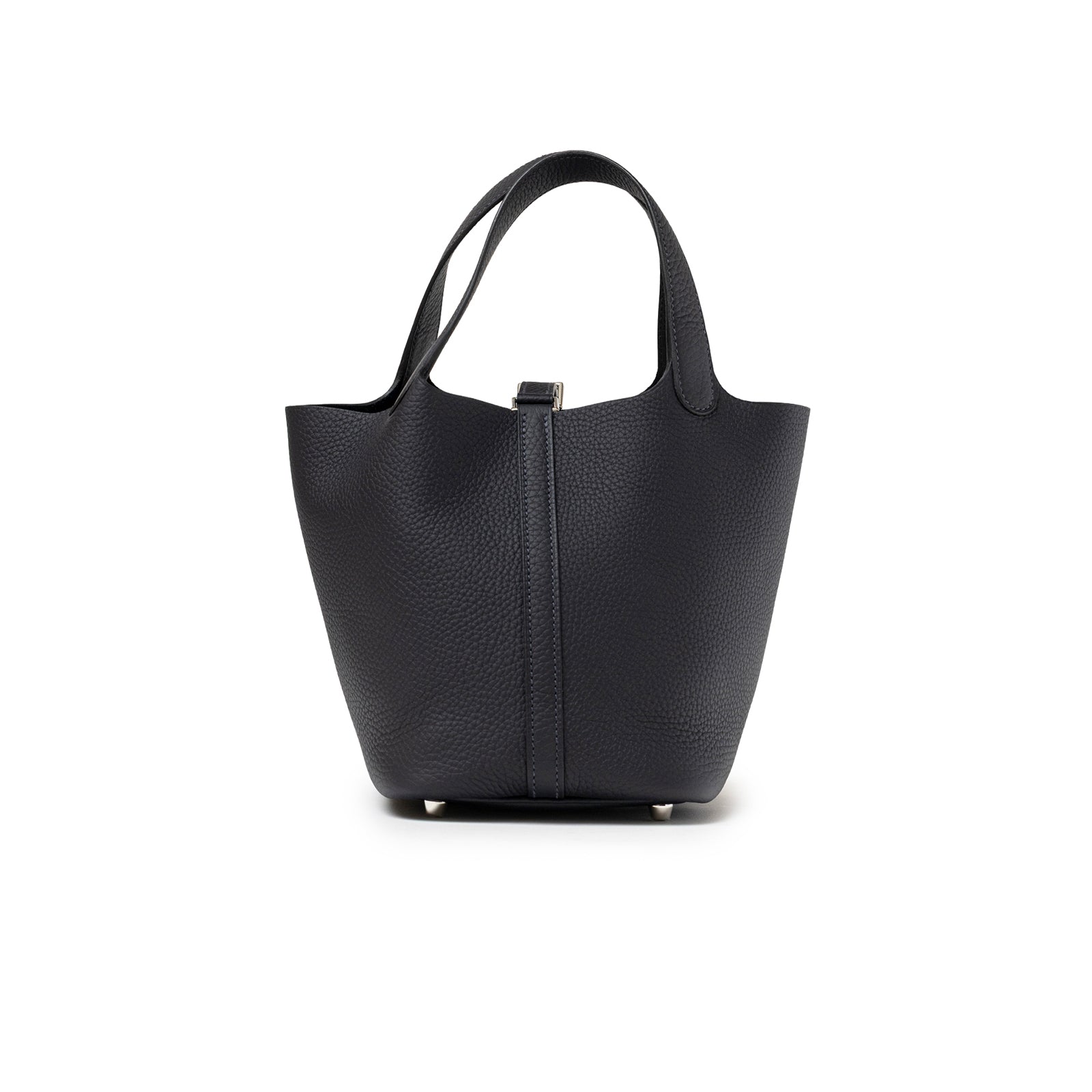 Back view of Hermès Picotin 18 Plomb Clemence Palladium Hardware with textured leather and structured silhouette