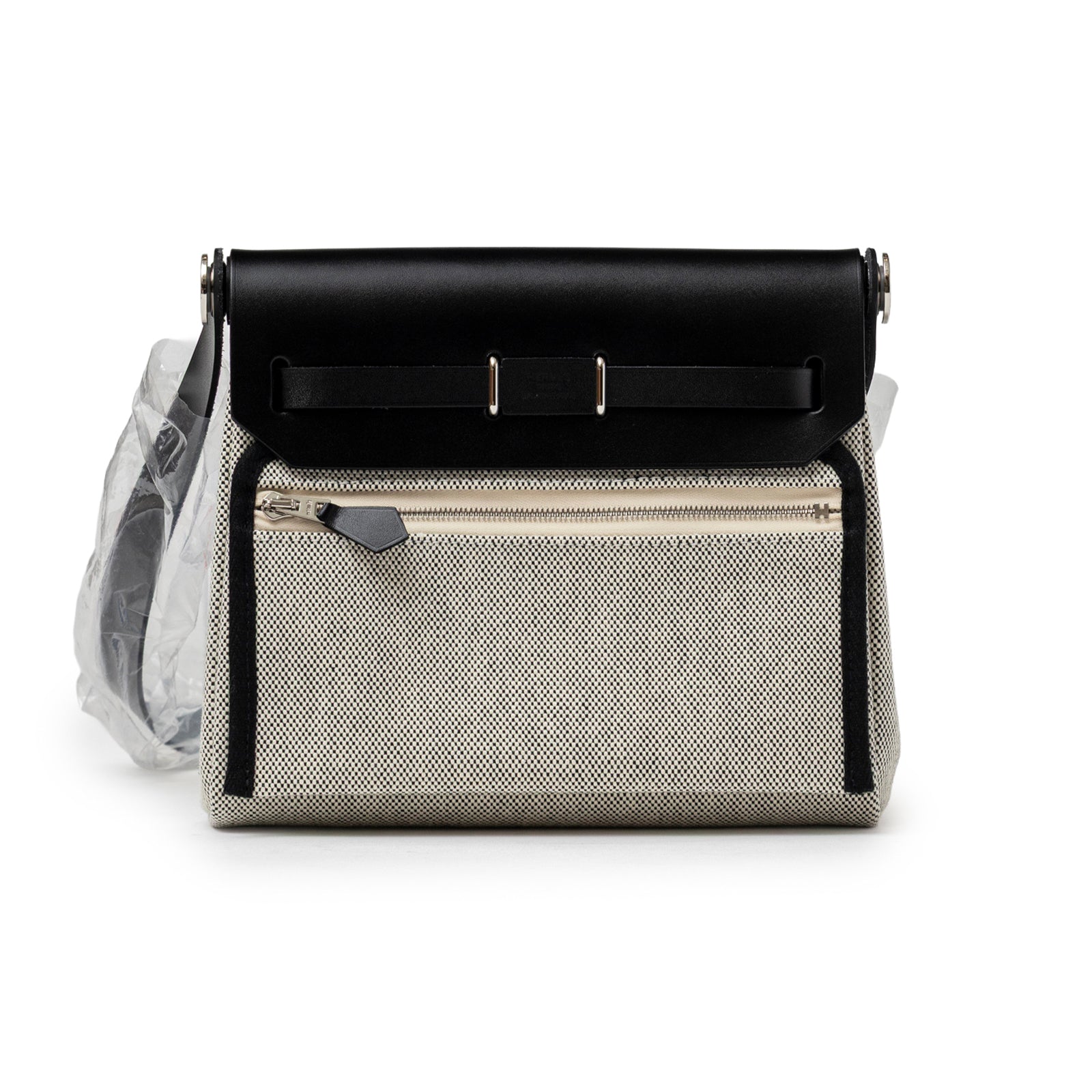 Back view of Hermès Mini Herbag Zip 20 Ecru/Black Toile and Vache Hunter Palladium Hardware with zip pocket detail