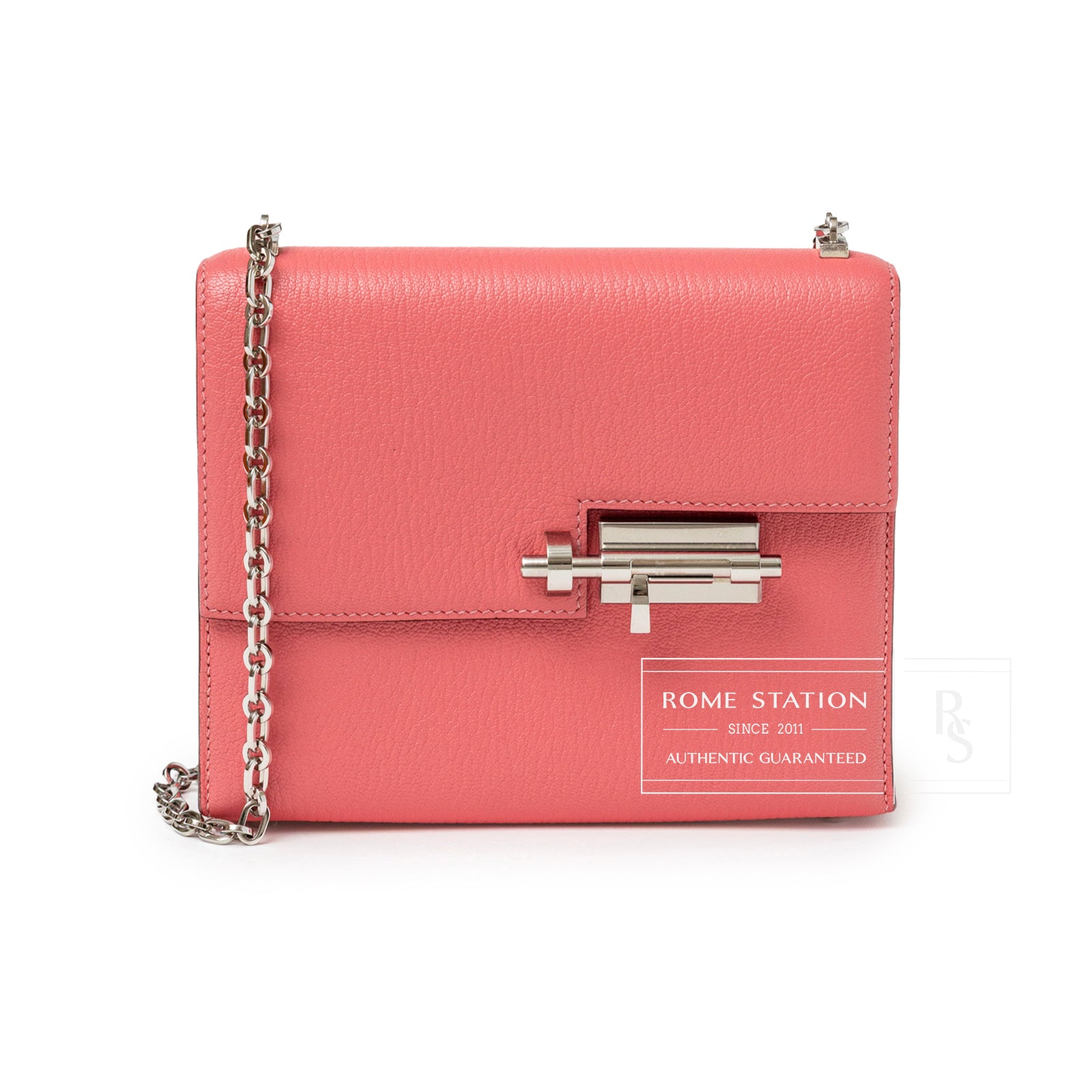 Front view of Hermès Mini Verrou Chaine Bag Rose Azalee Chevre Mysore Palladium Hardware with chain strap detail