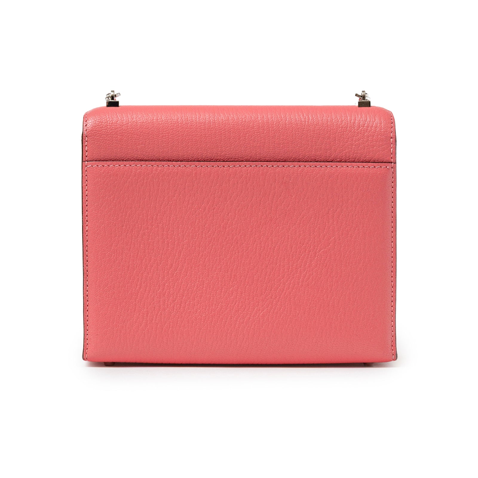 Back view of Hermès Mini Verrou Chaine Bag Rose Azalee Chevre Mysore Palladium Hardware showing smooth leather texture