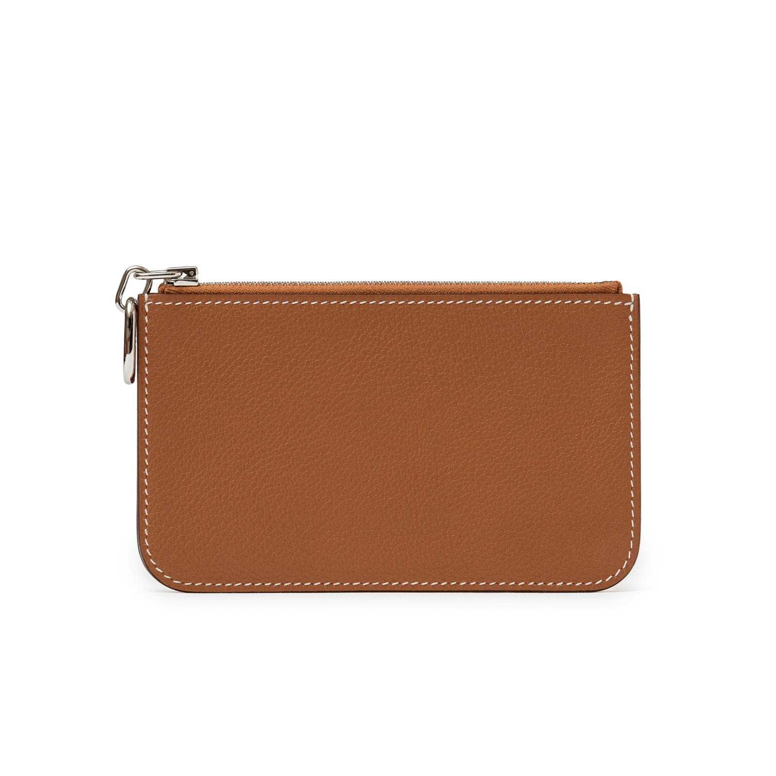 Back view of Hermès Zipengo Chaine d'Ancre Card Holder Evercolor Gold Palladium Hardware in tan leather with white stitching detail
