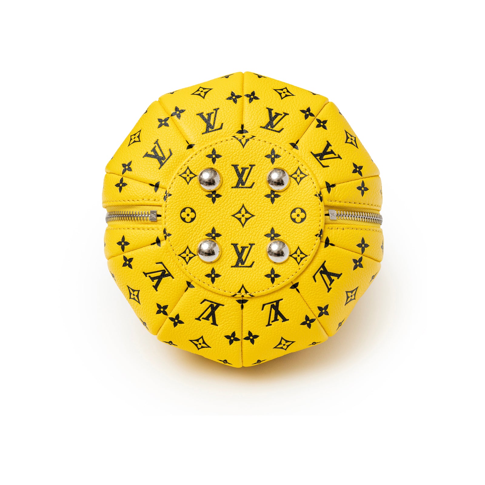 Bottom view of Louis Vuitton X Yayoi Kusama Limited Edition Yellow/Black Leather Pumpkin Bag with palladium feet
