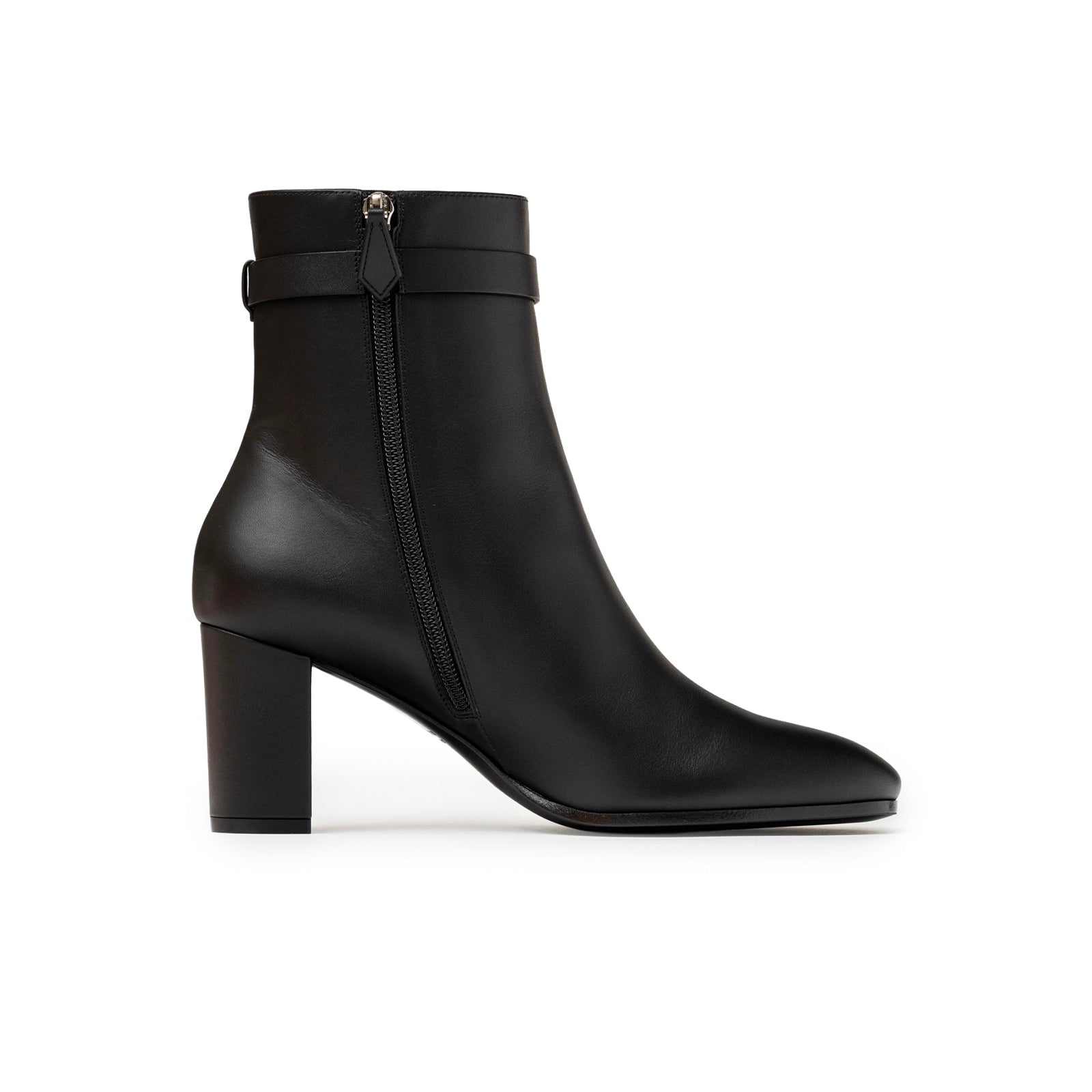 Side view of Hermès Kelly Saint Germain Ankle Boot Black Palladium Plated with block heel and zipper detail