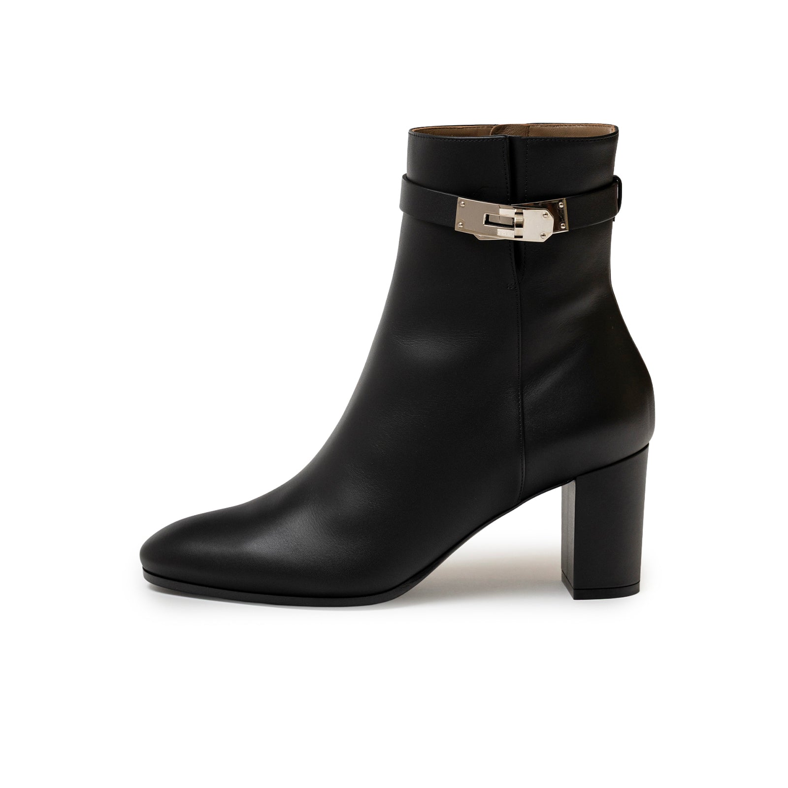 Side view of Hermès Kelly Saint Germain Ankle Boot Black Palladium Plated with leather strap detail