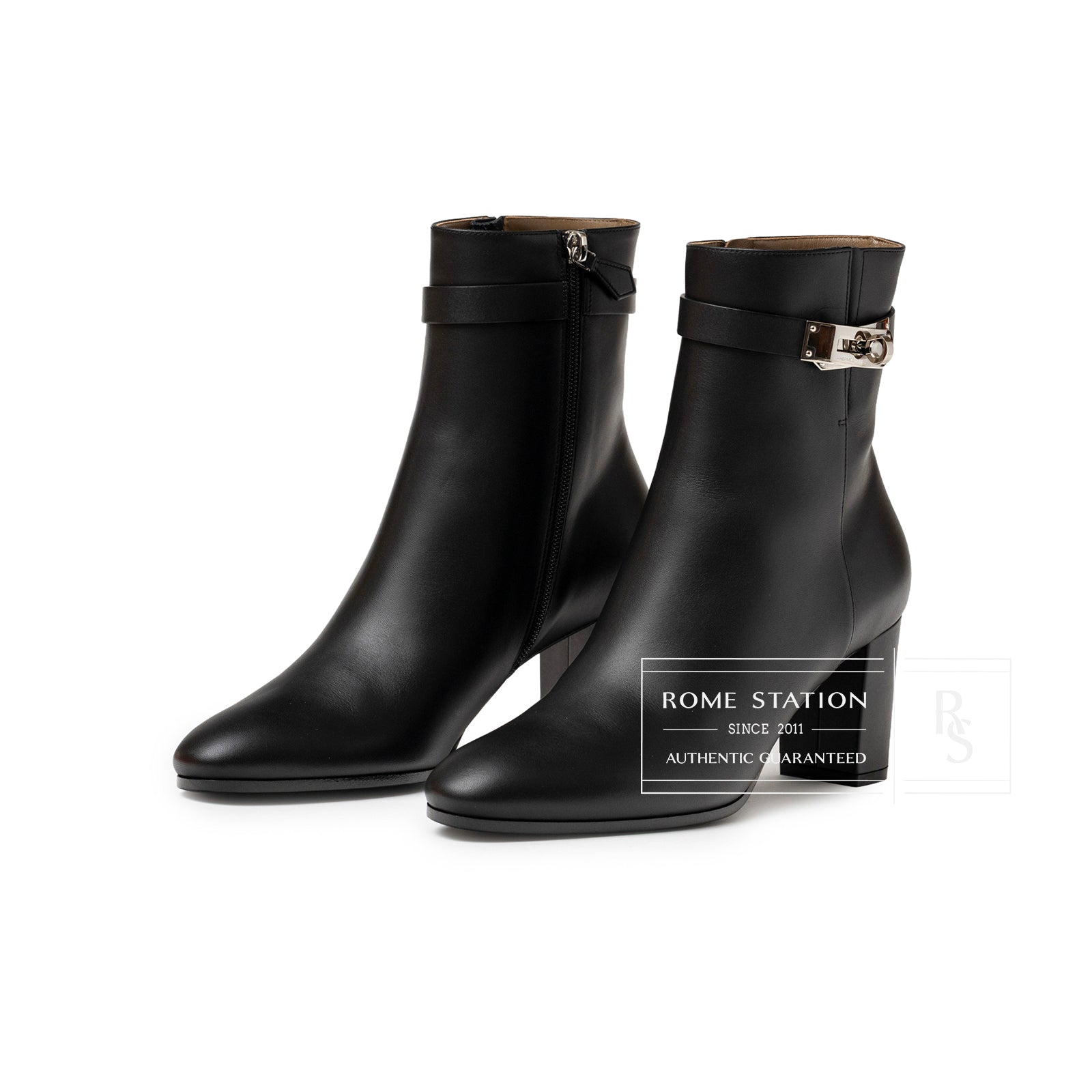 Angled side view of Hermès Kelly Saint Germain Ankle Boot Black Palladium Plated with zipper and strap detail