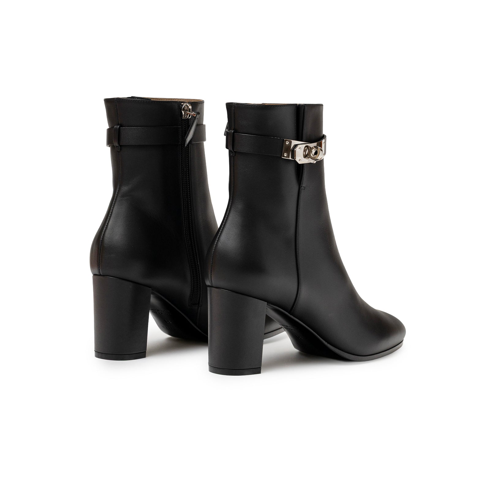 Angled rear view of Hermès Kelly Saint Germain Ankle Boot Black Palladium Plated with block heel and side zipper