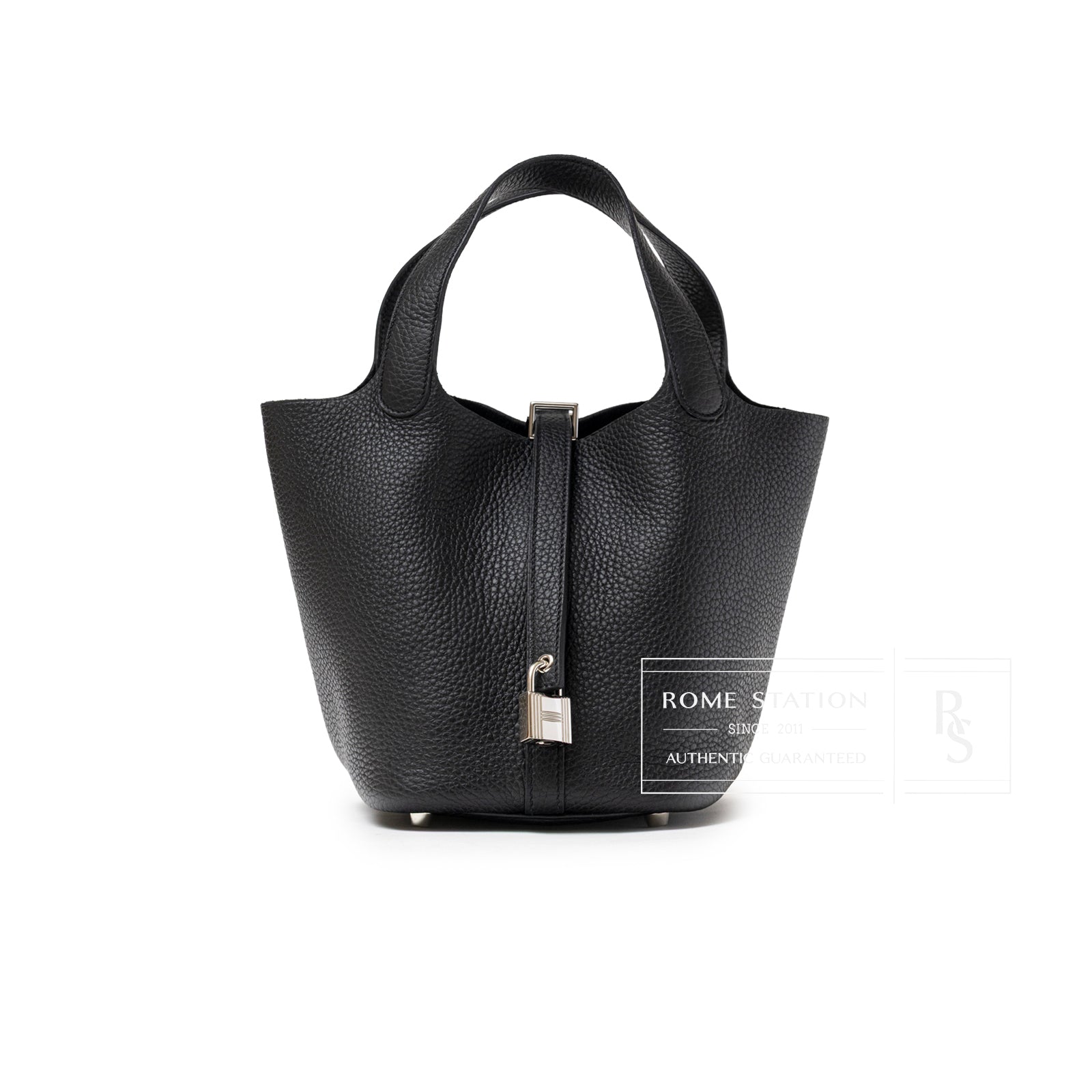 Front view of Hermès Picotin 18 Black Clemence Palladium Hardware with lock detail on textured leather
