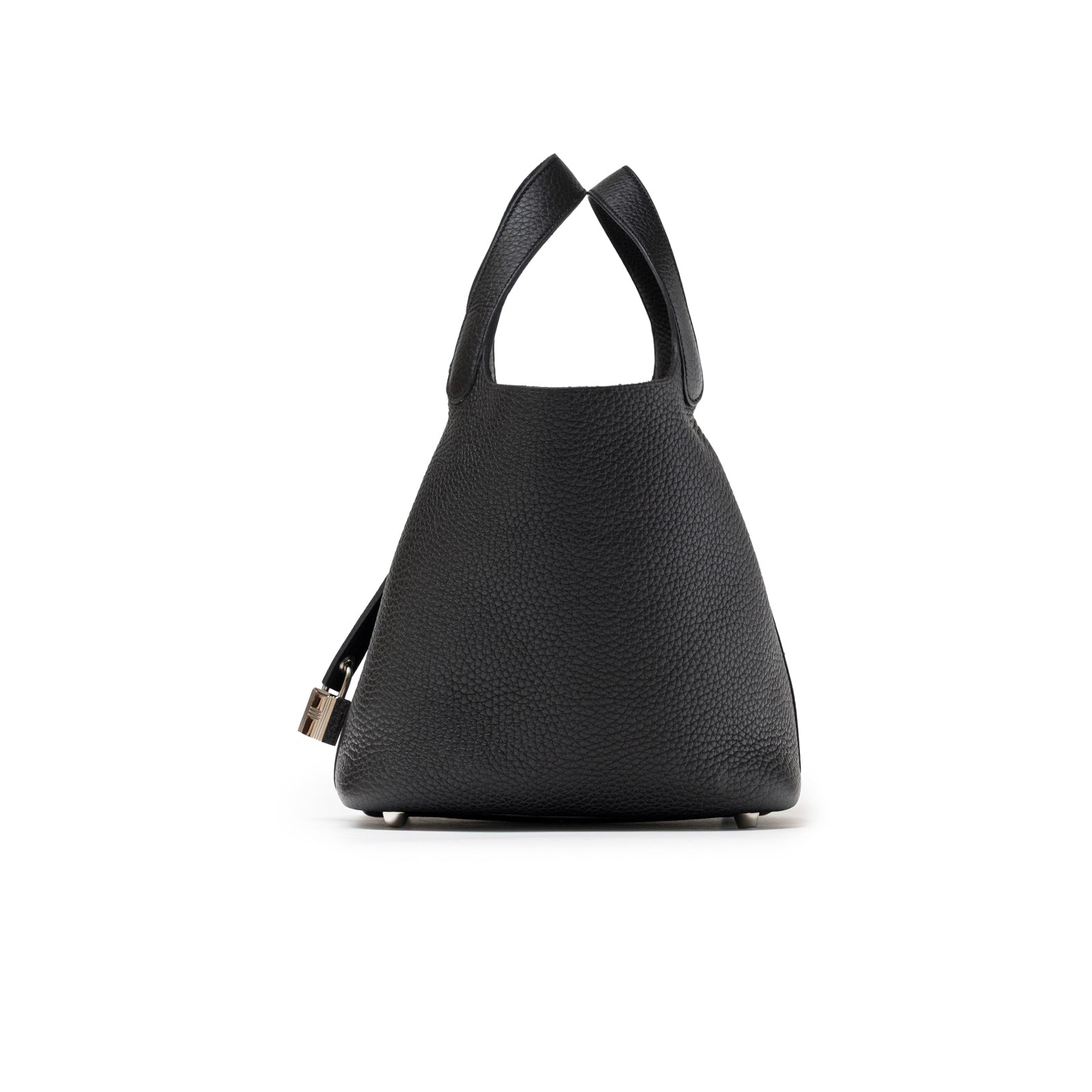 Side angled shot of Hermès Picotin 18 Black Clemence Palladium Hardware showing textured leather and handles