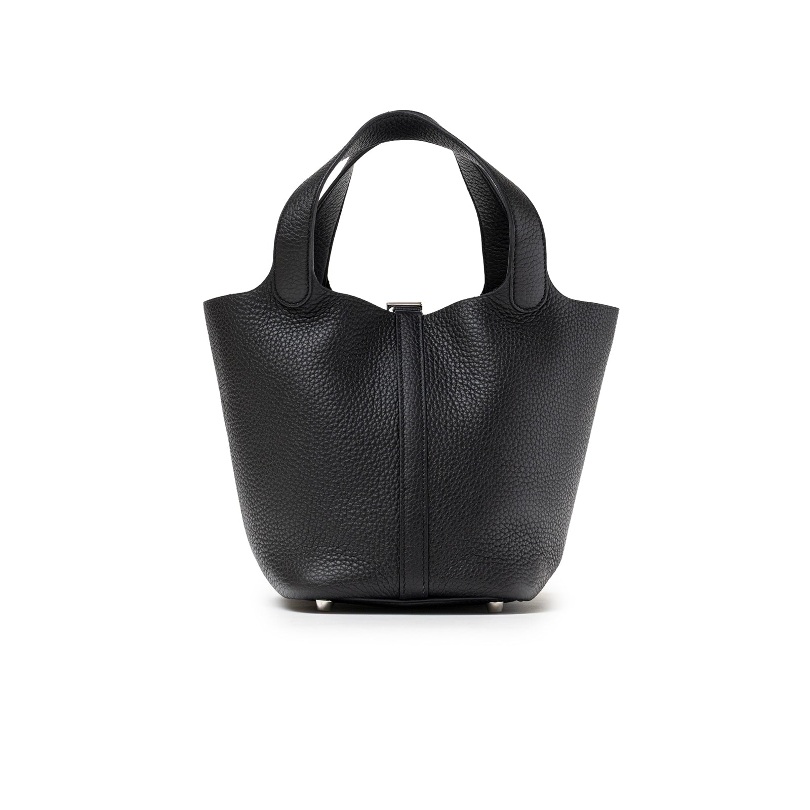 Back view of Hermès Picotin 18 Black Clemence Palladium Hardware showing pebble leather texture and shape