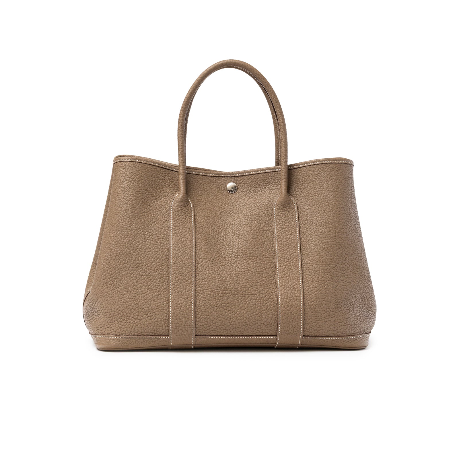 Back view of Hermès Garden Party 36 Etoupe Negonda Palladium Hardware tote with smooth grain texture