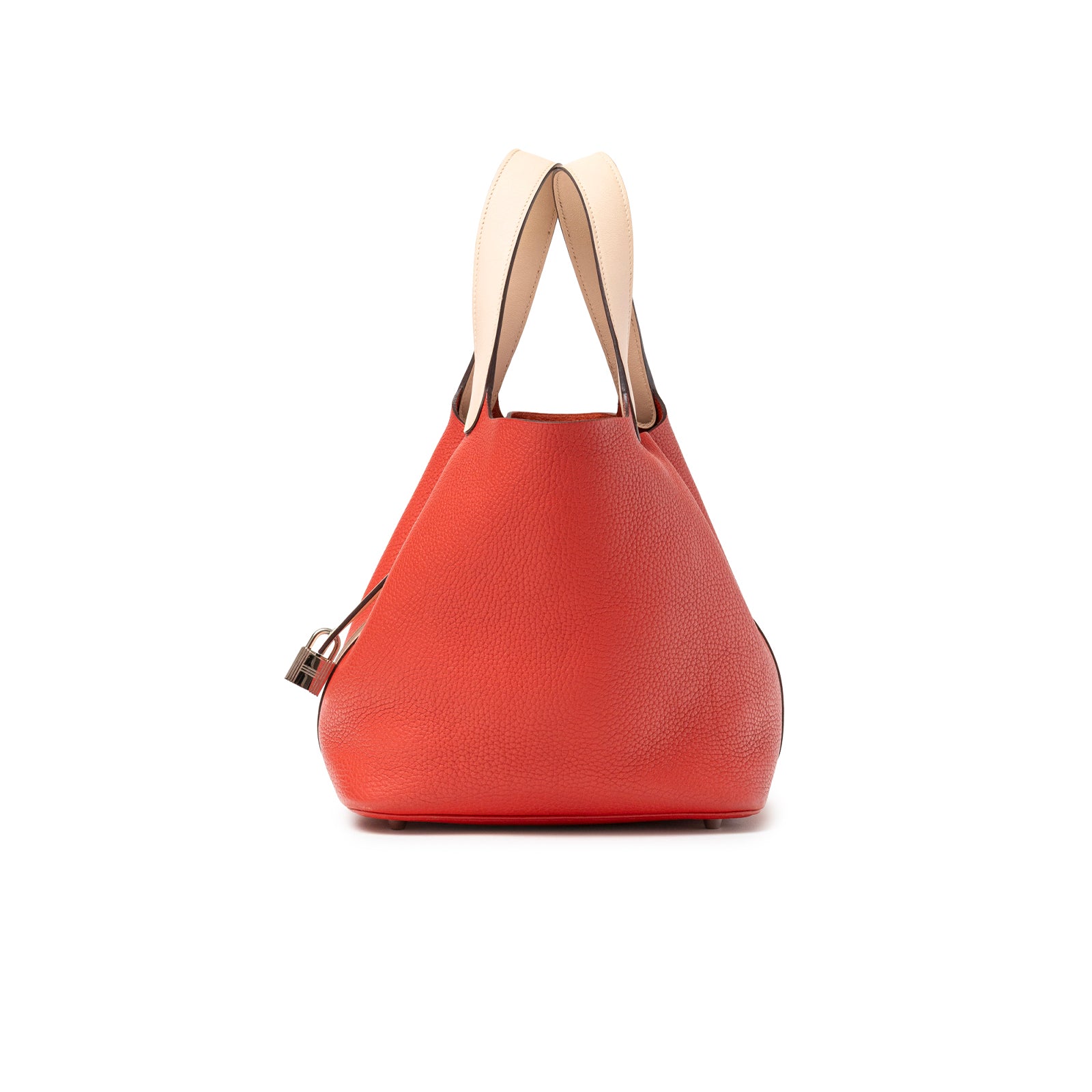 Side view of Hermès Picotin 22 Rouge Tomate Rose Elegante Clemence Palladium Hardware with natural handles