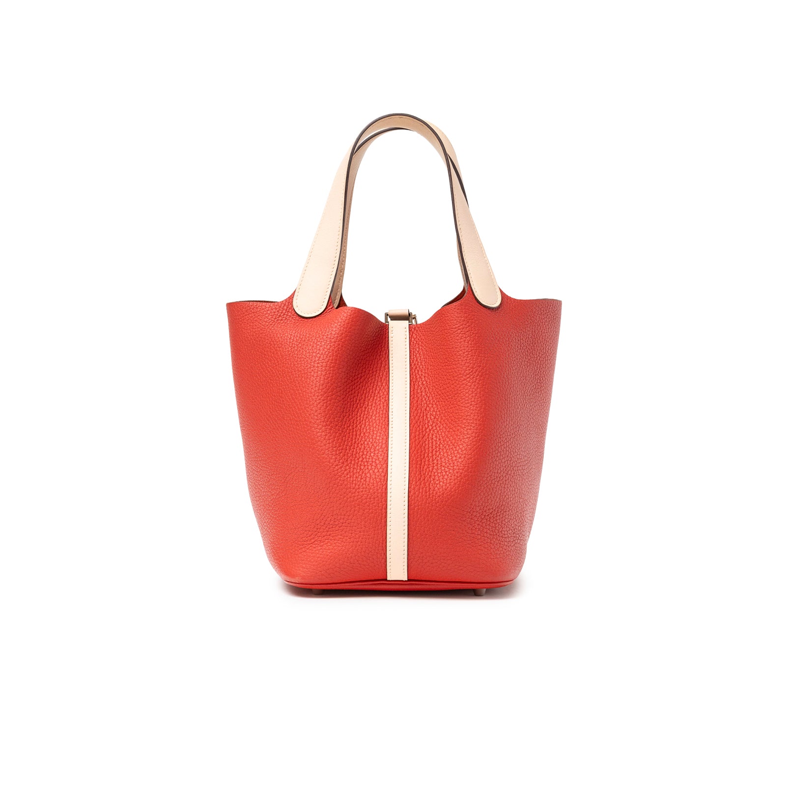 Back view of Hermès Picotin 22 Rouge Tomate Rose Elegante Clemence Palladium Hardware bag with contrast handles