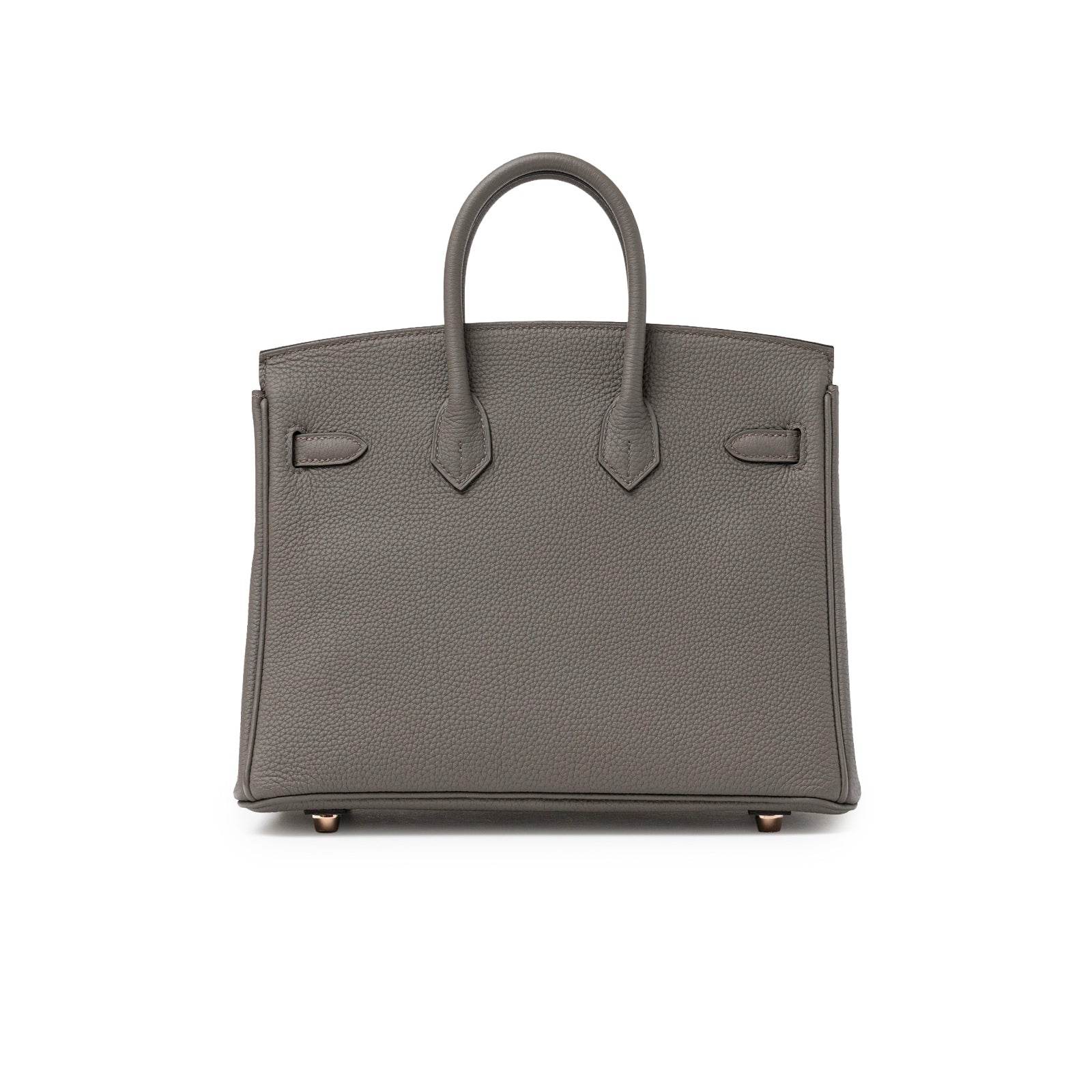Back view of Hermès Birkin 25 Etain Togo Rose Gold Hardware showcasing textured leather and handles centered