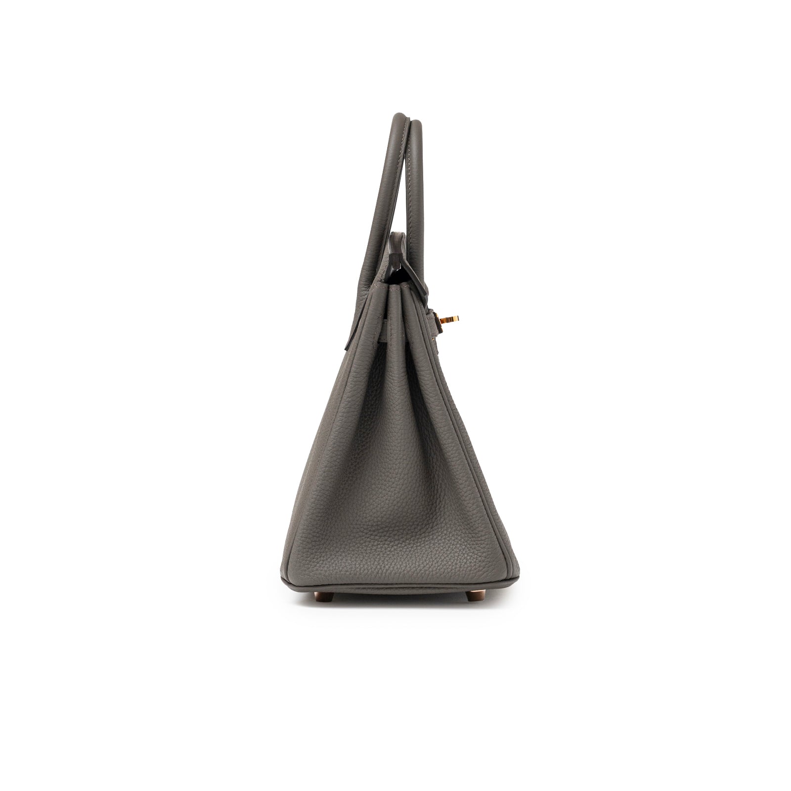 Side profile of Hermès Birkin 25 Etain Togo Rose Gold Hardware showing leather texture and bag shape