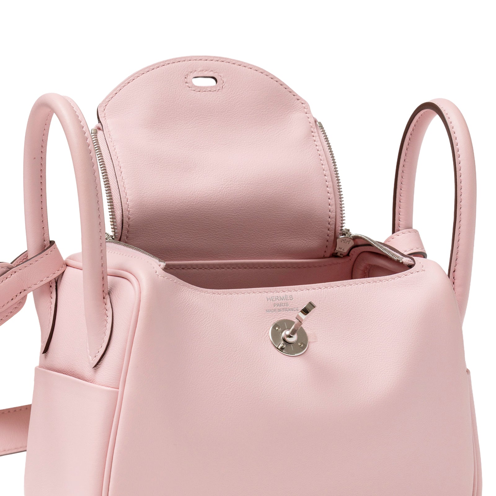 Close-up of open interior and palladium clasp on Hermès Mini Lindy II Rose Sakura Swift Palladium Hardware