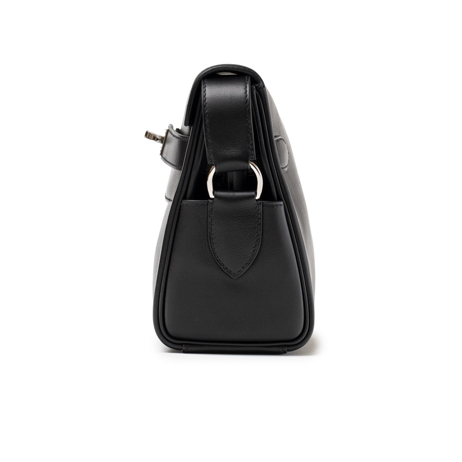 Side view of Hermès Kelly Messenger PM Black Evergrain Palladium Hardware showing side profile and strap detail